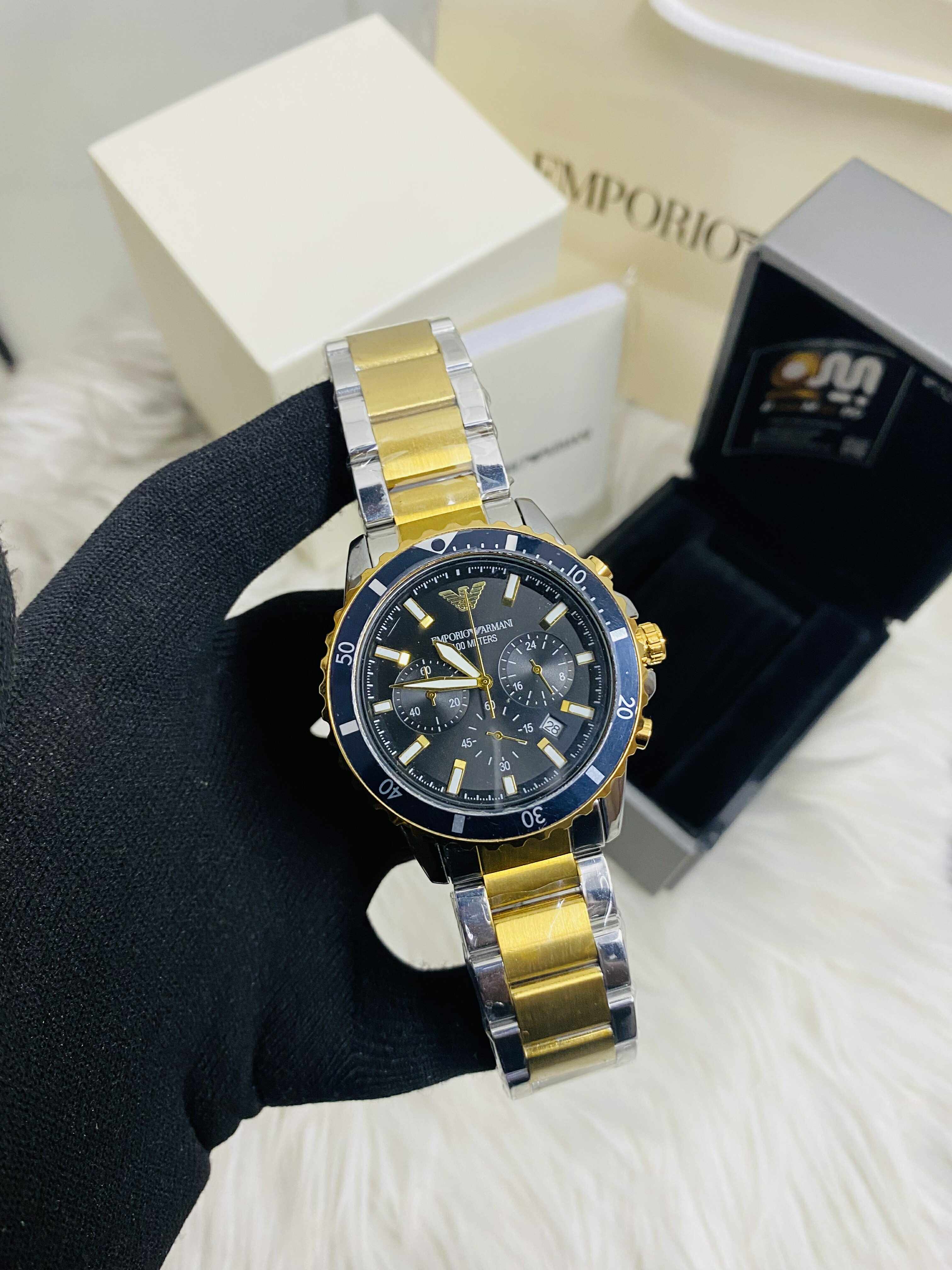 Emporio Armani World explore  Black And Golden Dial Chronograph mens watch