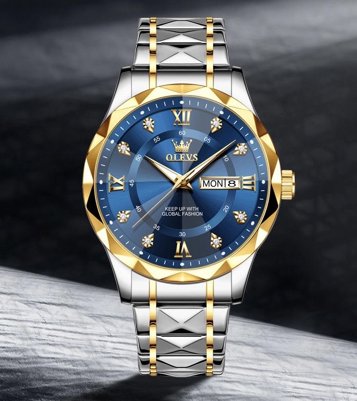 OLEVS 5609 Gents Chain Watch- Blue Dial- Golden Bezel- Silver+Golden Chain- TF Code OL971CM_img_0