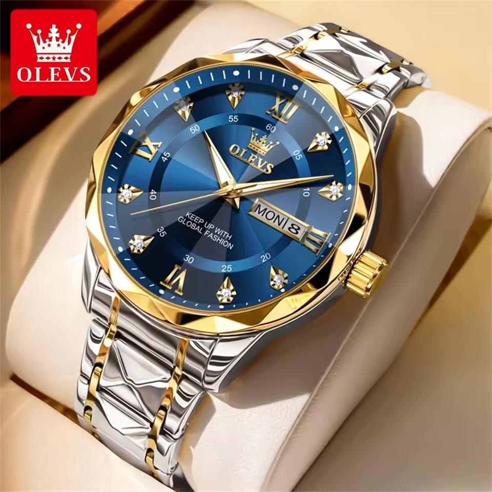 OLEVS 5609 Gents Chain Watch- Blue Dial- Golden Bezel- Silver+Golden Chain- TF Code OL971CM_img_1