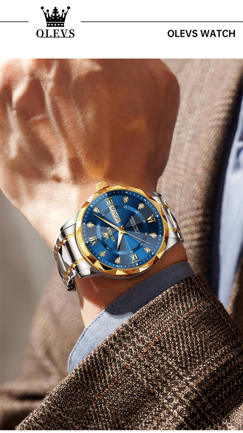 OLEVS 5609 Gents Chain Watch- Blue Dial- Golden Bezel- Silver+Golden Chain- TF Code OL971CM_img_2