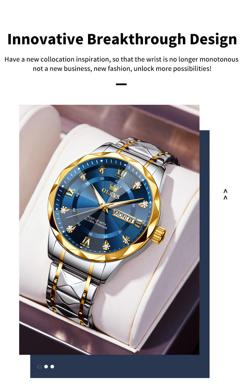 OLEVS 5609 Gents Chain Watch- Blue Dial- Golden Bezel- Silver+Golden Chain- TF Code OL971CM_img_3