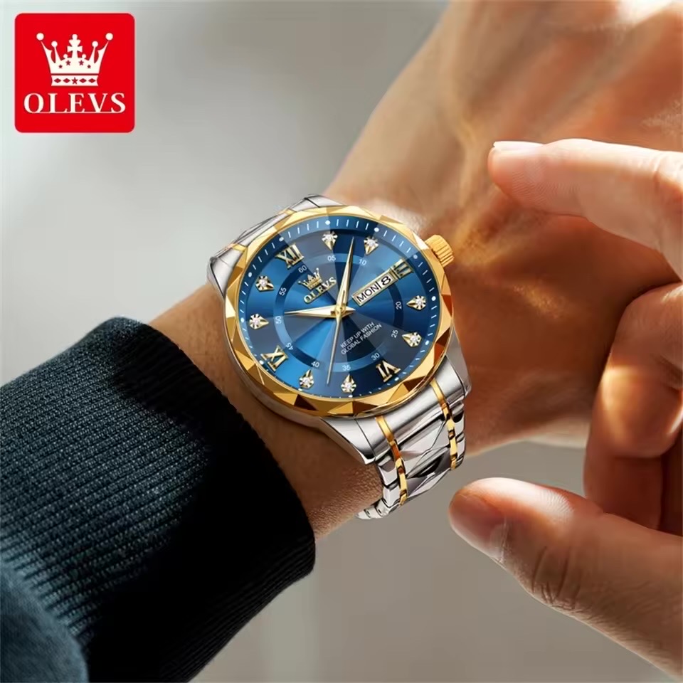 OLEVS 5609 Gents Chain Watch- Blue Dial- Golden Bezel- Silver+Golden Chain- TF Code OL971CM_img_4