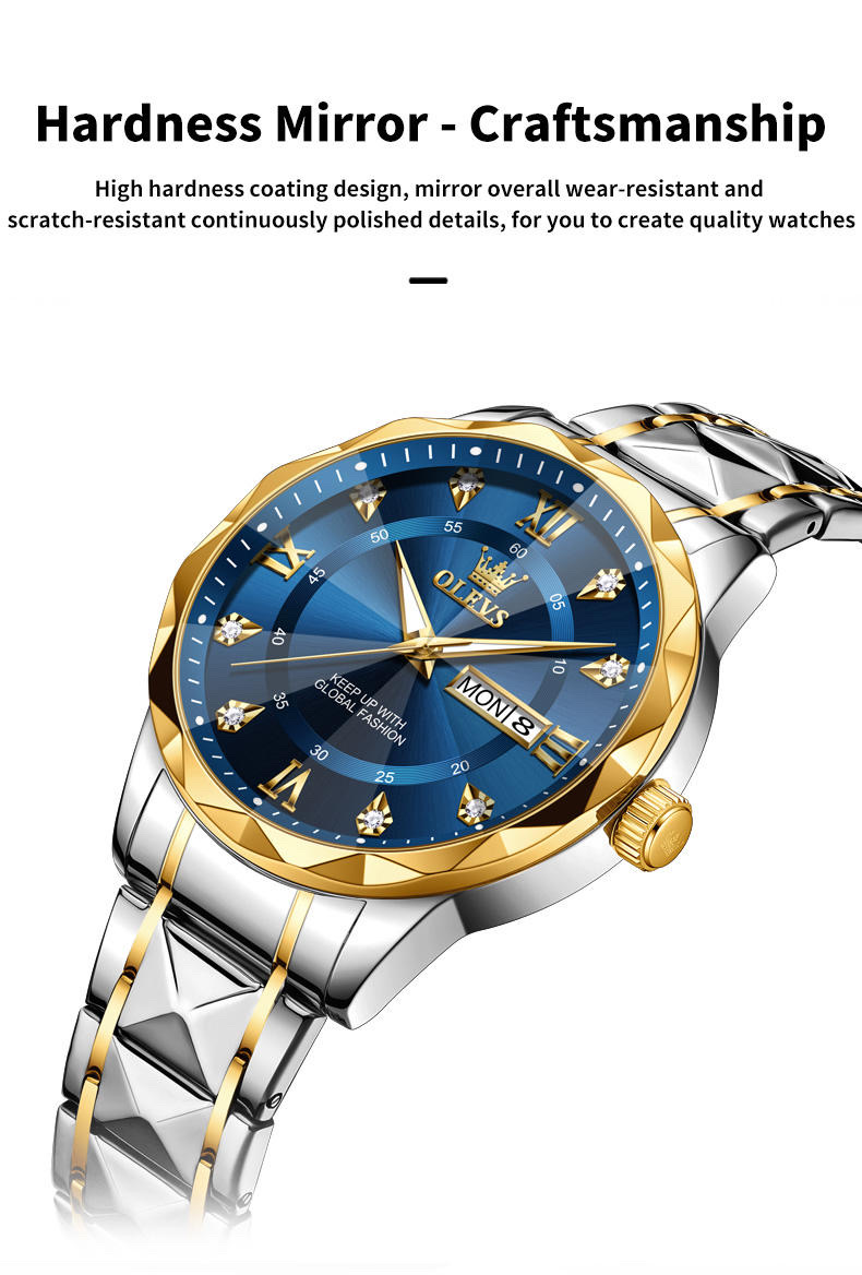 OLEVS 5609 Gents Chain Watch- Blue Dial- Golden Bezel- Silver+Golden Chain- TF Code OL971CM_img_5
