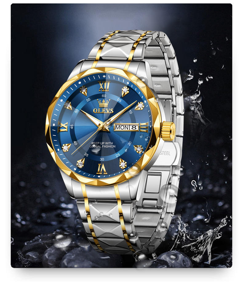 OLEVS 5609 Gents Chain Watch- Blue Dial- Golden Bezel- Silver+Golden Chain- TF Code OL971CM_img_6