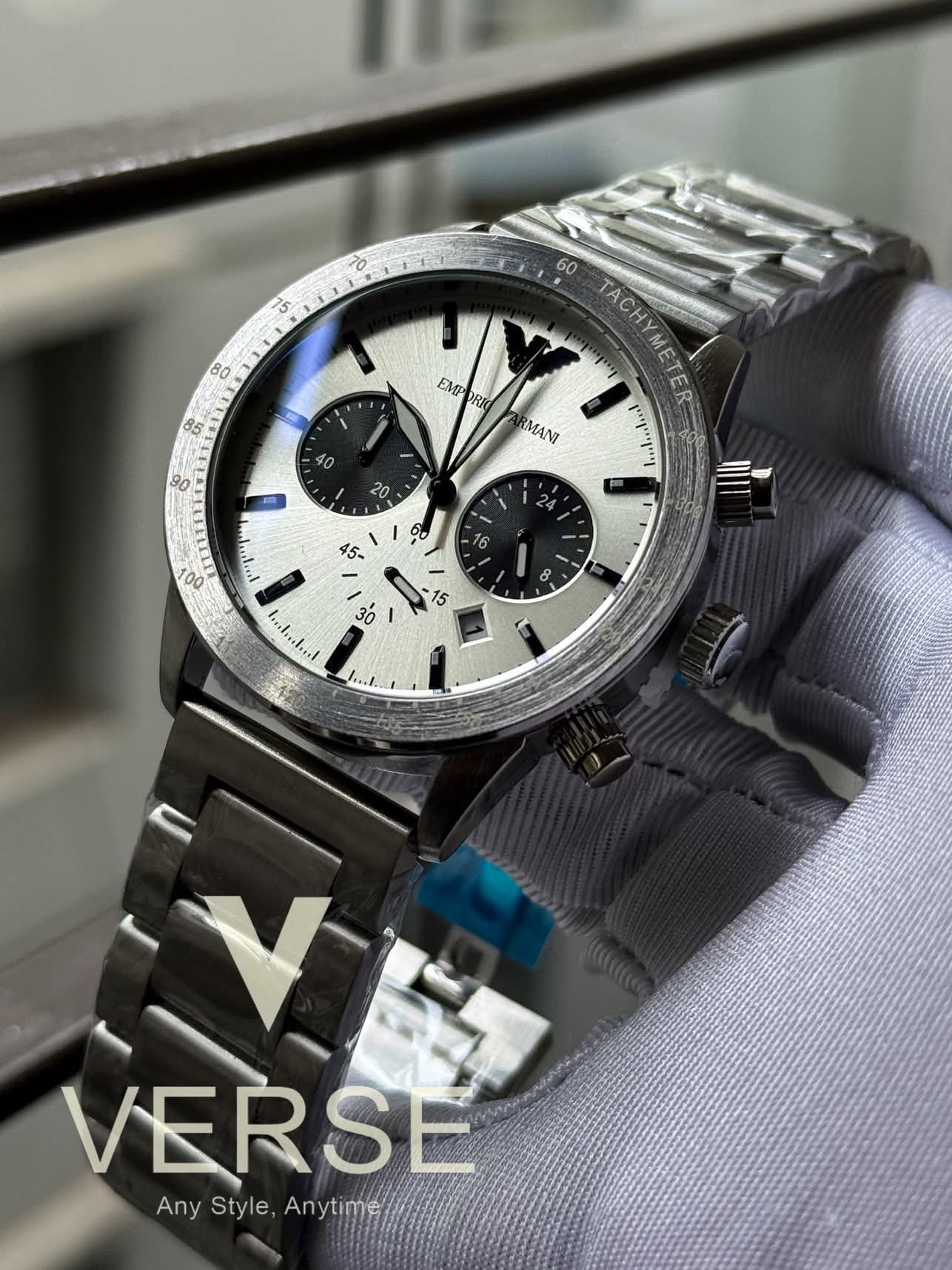 Armani ch matt silver white dial black sub