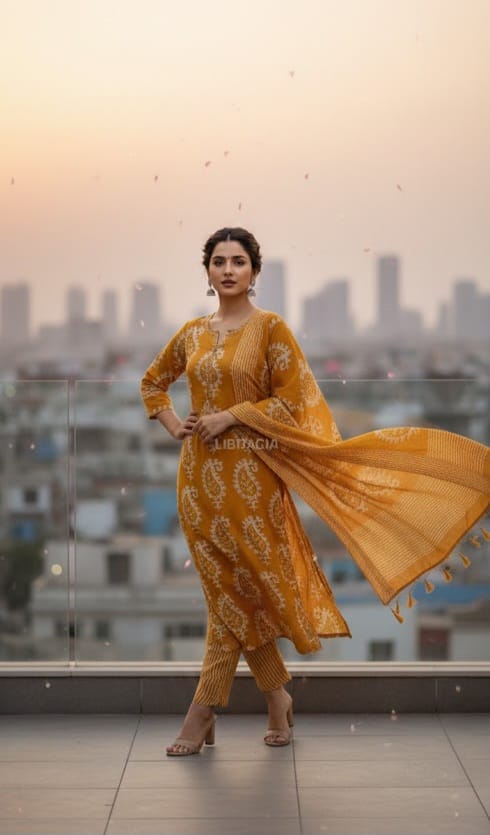 Mustard HandScreen Cotton Kurta Set - Image 3