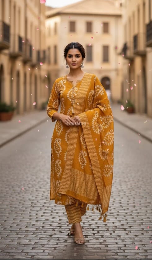 Mustard HandScreen Cotton Kurta Set - Image 7