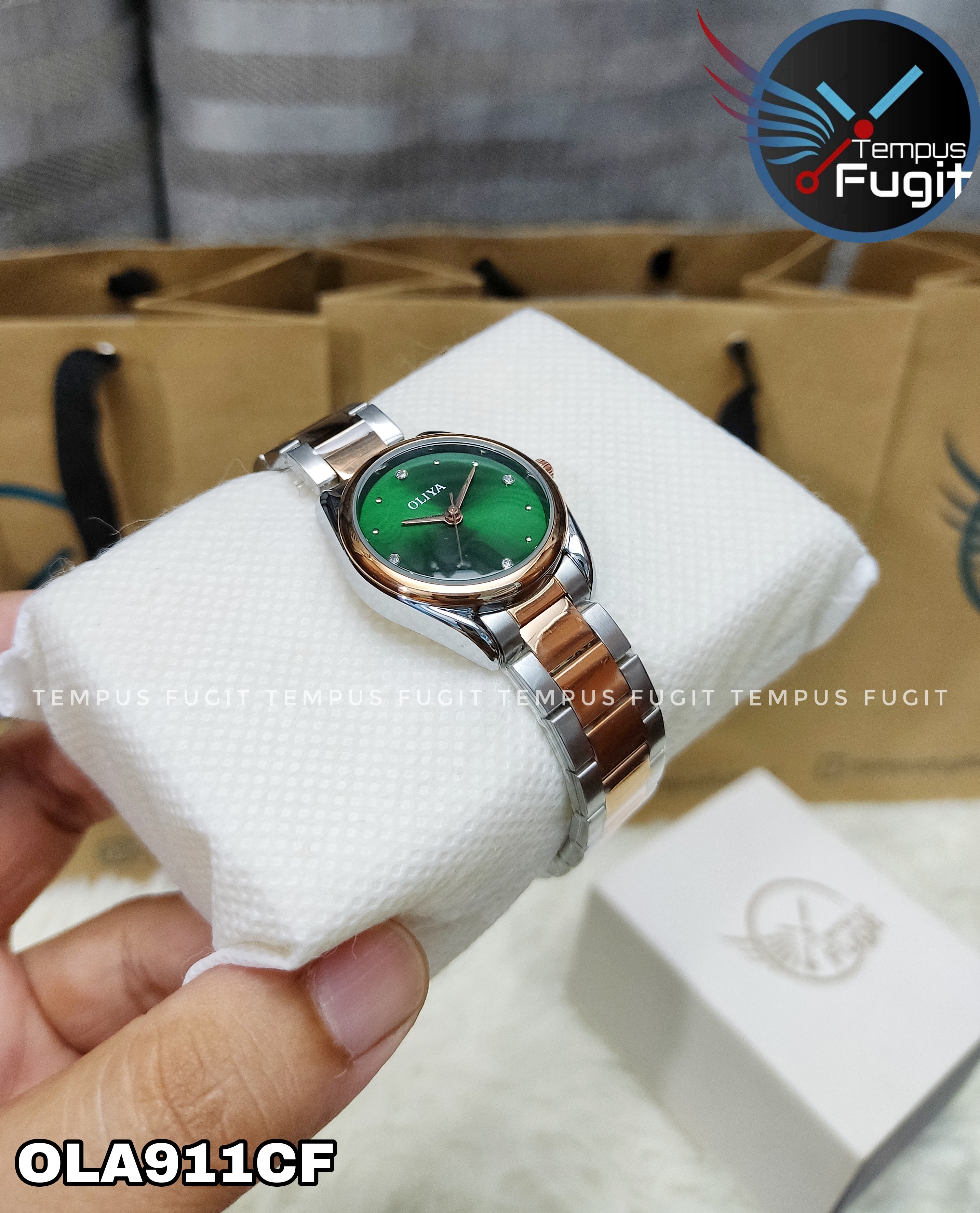 OLIYA 6658 Ladies Chain Watch- Green Dial- Rose Golden Bezel- Rose Golden+Silver Chain- TF Code OLA911CF_img_1