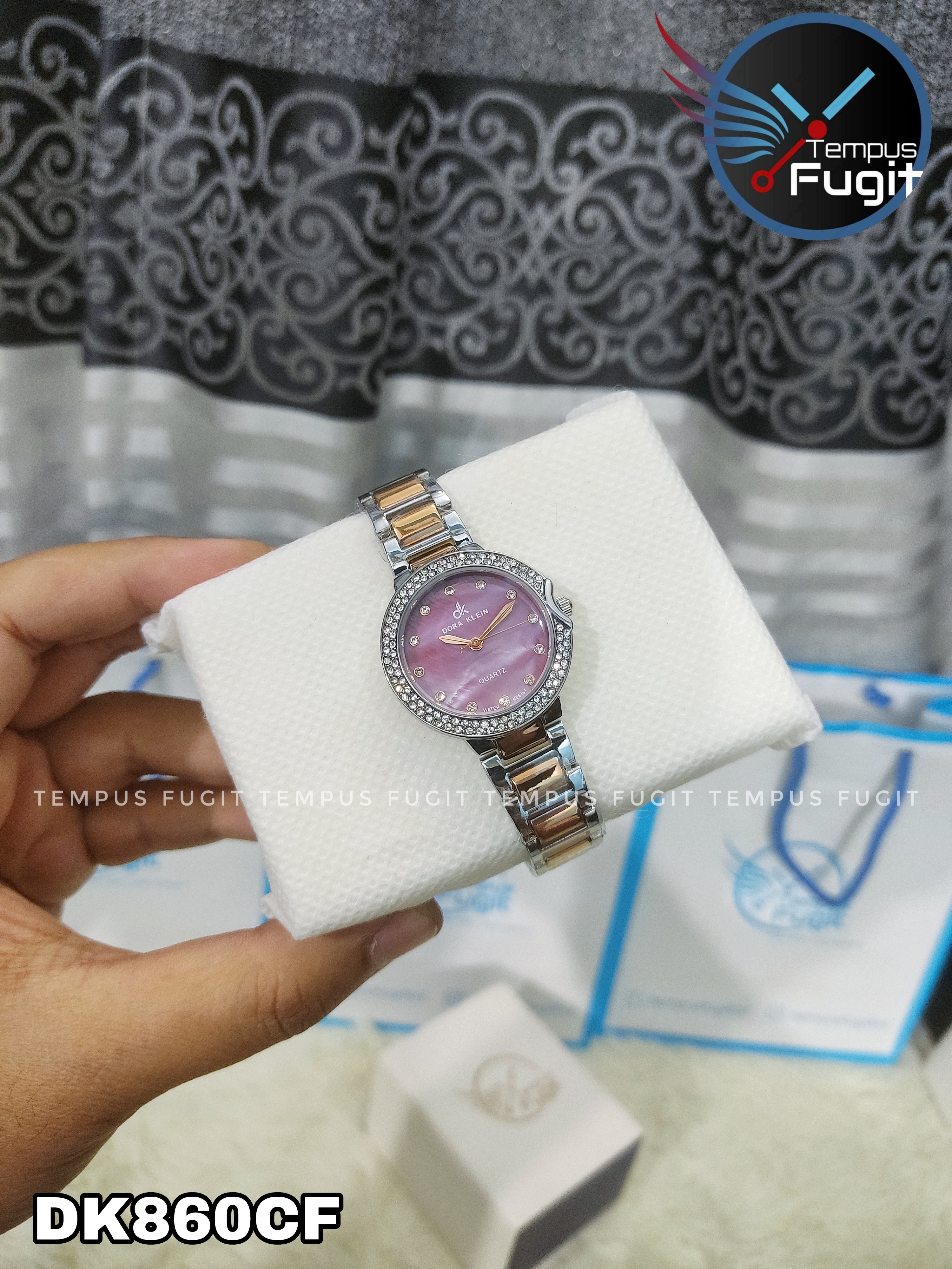 DORA KLEIN 7516 Ladies Watch- PinkDial- Silver Stone Bezel- Rose Golden+Silver Chain- TF Code OL860CF_img_0