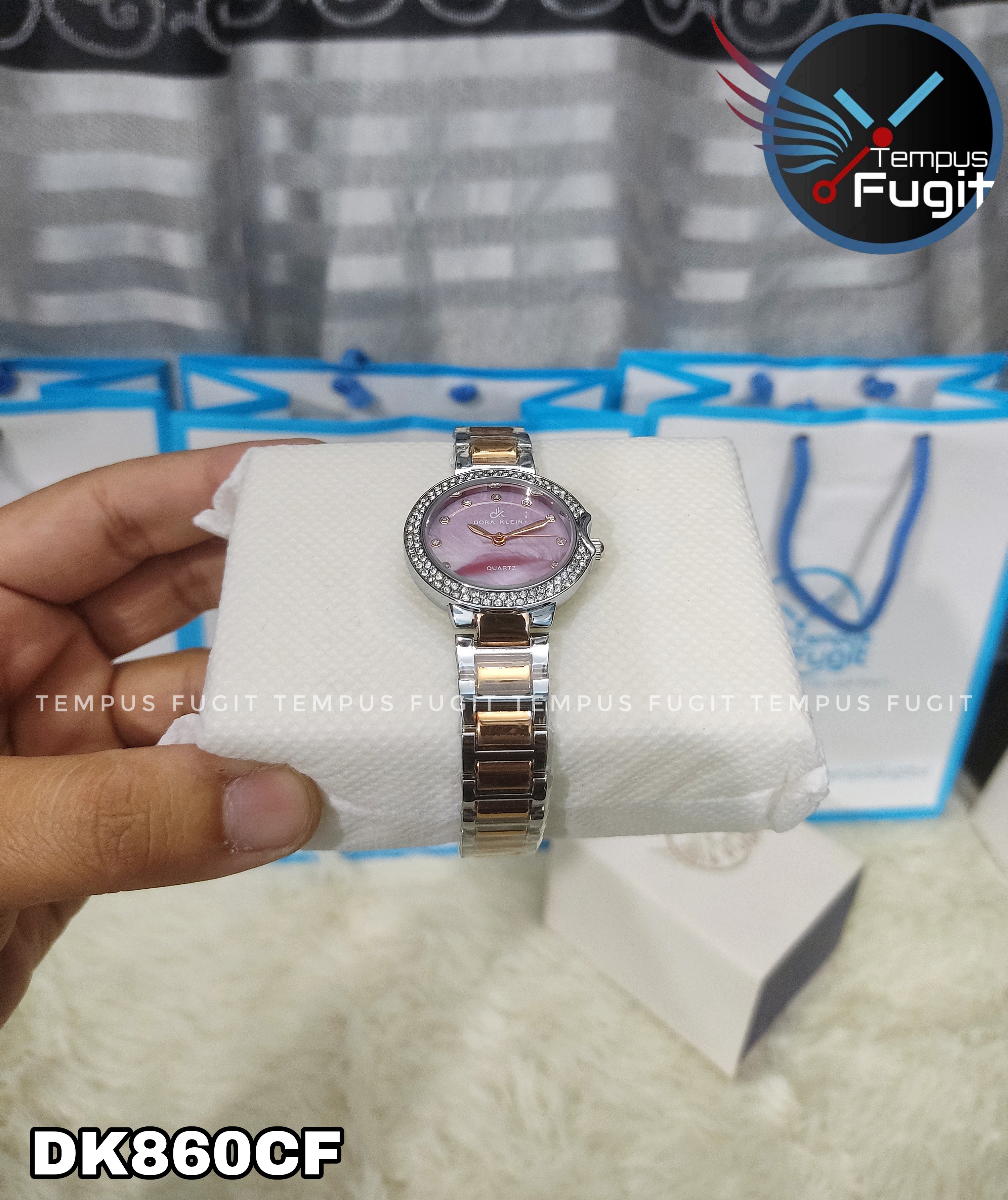 DORA KLEIN 7516 Ladies Watch- PinkDial- Silver Stone Bezel- Rose Golden+Silver Chain- TF Code OL860CF_img_4