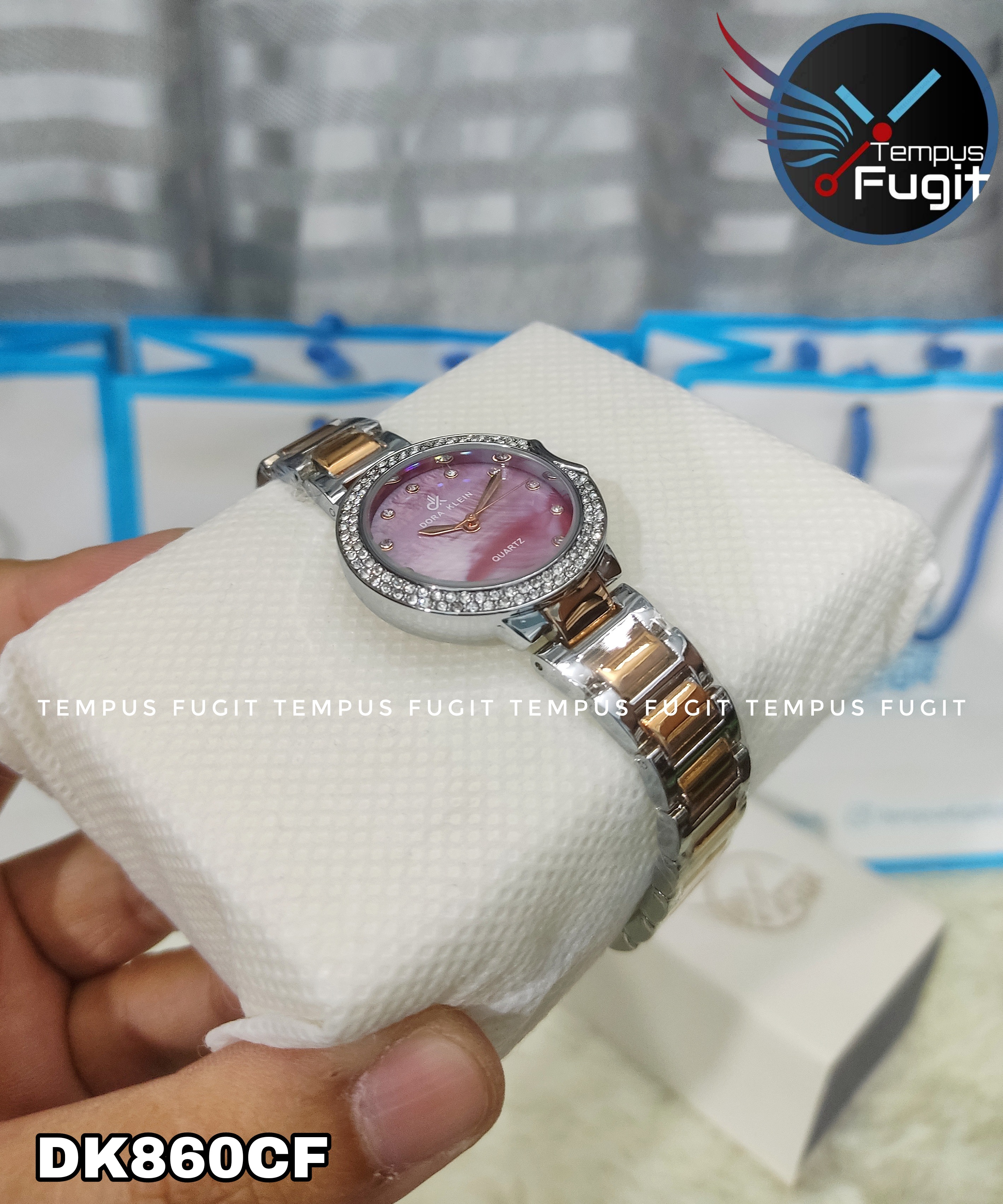 DORA KLEIN 7516 Ladies Watch- PinkDial- Silver Stone Bezel- Rose Golden+Silver Chain- TF Code OL860CF_img_3