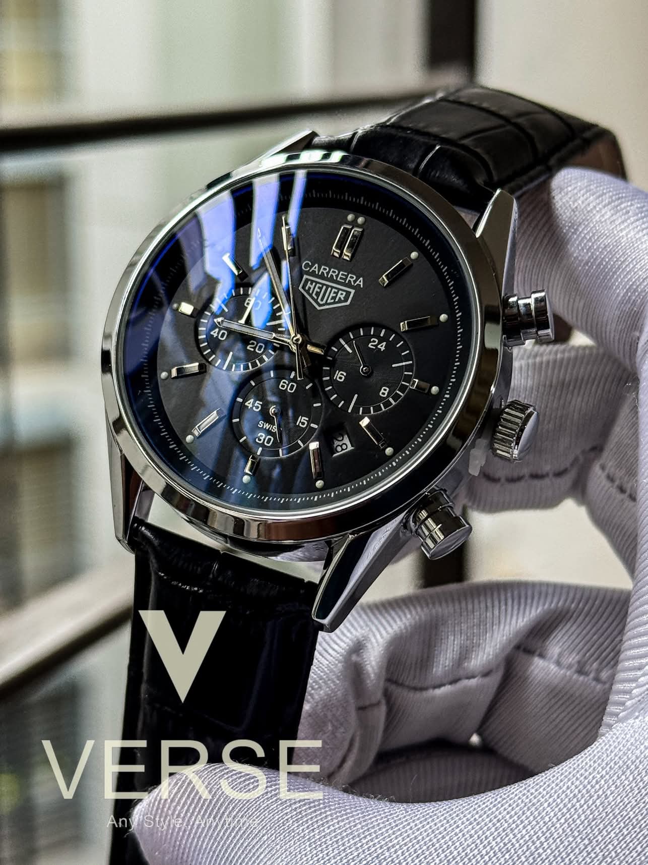 Tag belt 3 chrono silver case black belt black dial