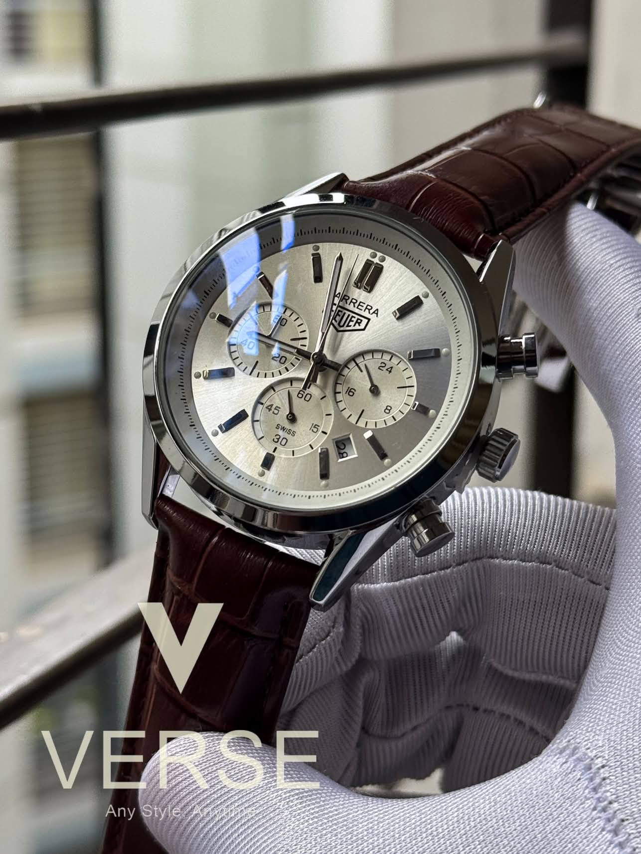 Tag belt 3 chrono silver case brown belt white dial