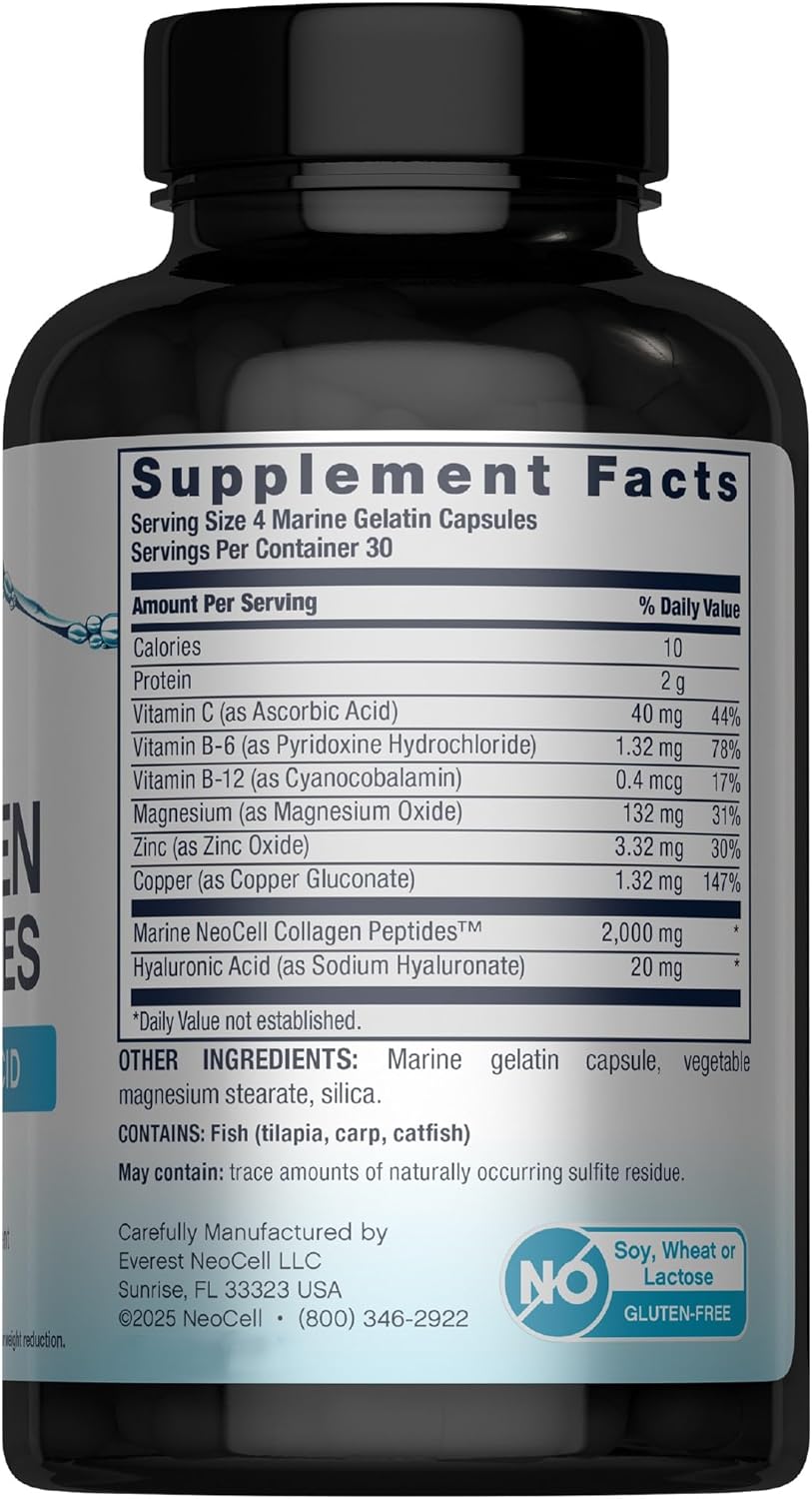 NeoCell Marine Collagen Peptides + Hyaluronic Acid Capsules - 120 Capsules - Made in USA_img_1