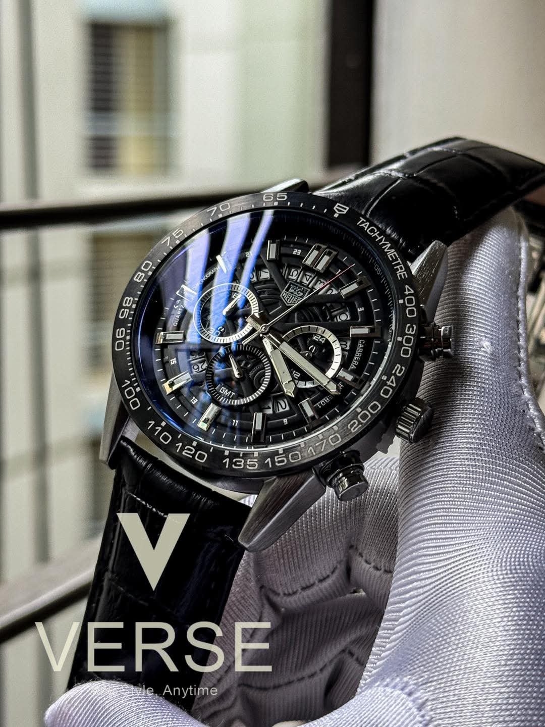 Tag heuer 100m black belt silver case black dial