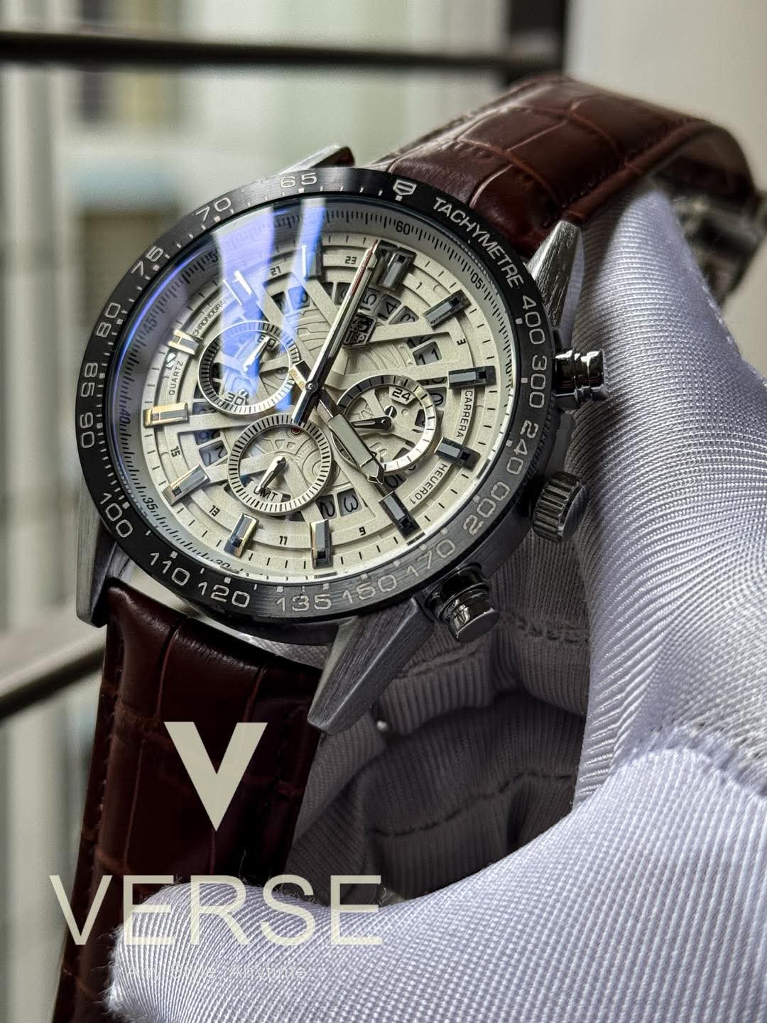 Tag heuer 100m brown belt silver case white dial