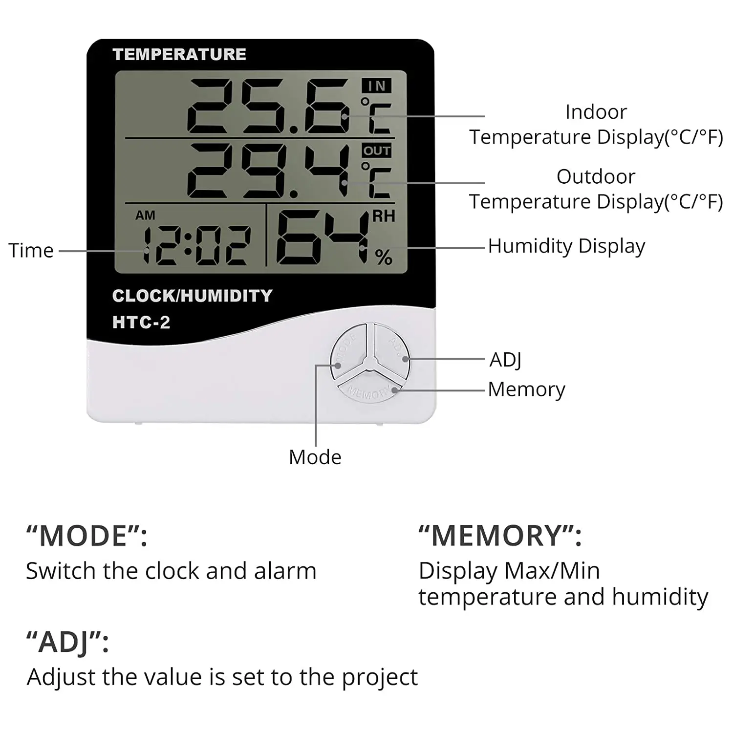 HTC-2 Digital Temperature Humidity Meter | Indoor & Outdoor Sensor |  Clock + Weather Station_img_2