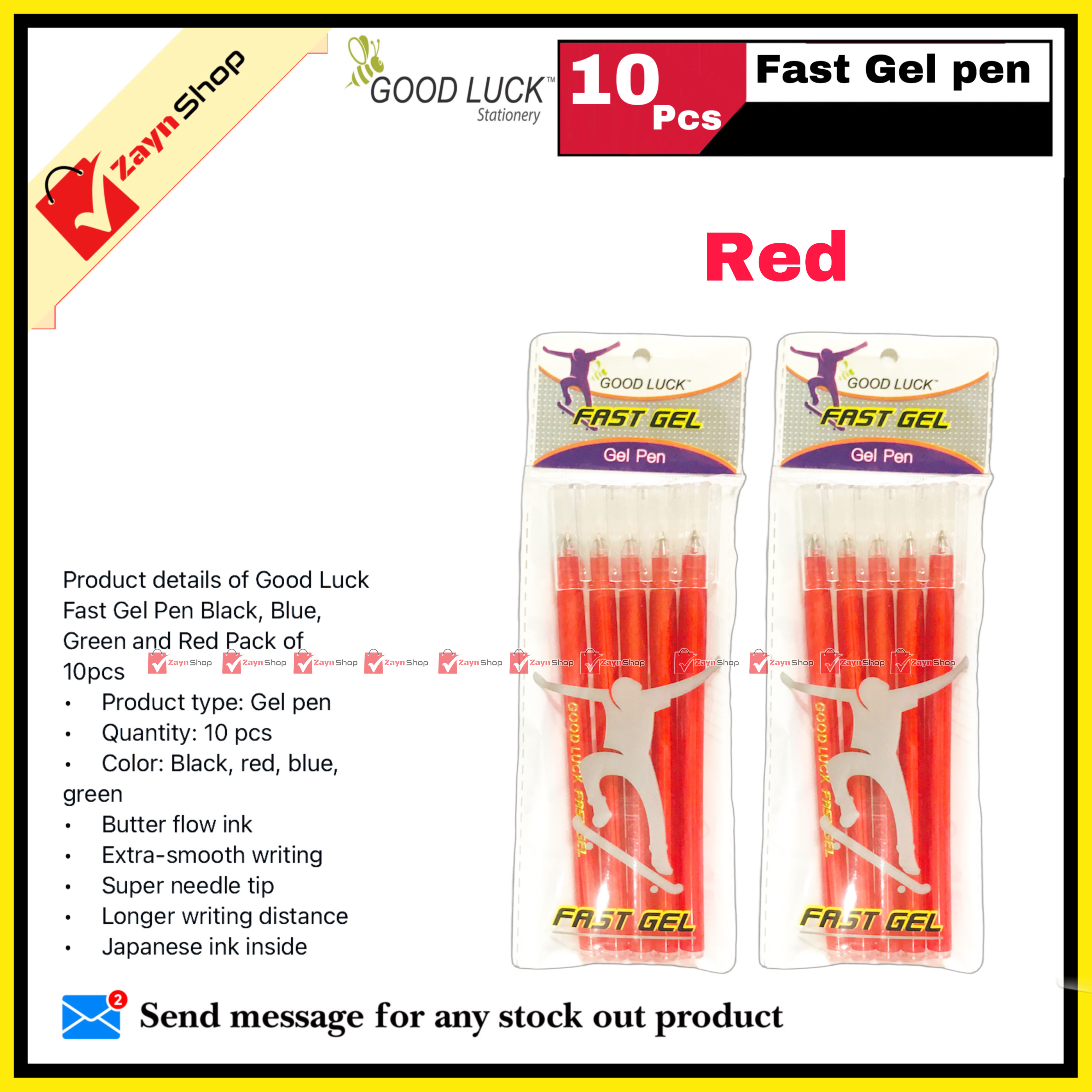 Good Luck Fast Gel Pen Black, Blue, Green and Red Pack of 10pcs_img_2
