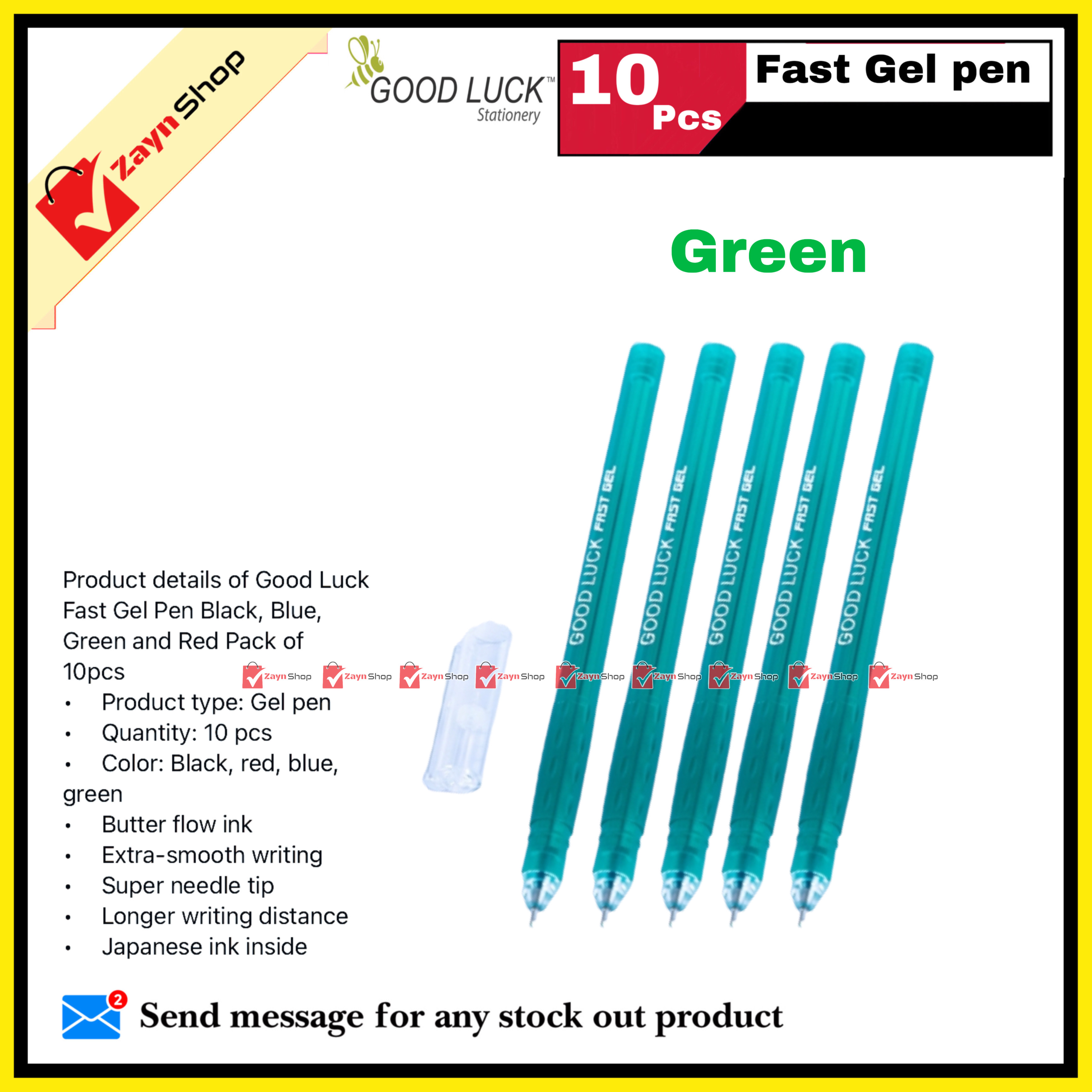 Good Luck Fast Gel Pen Black, Blue, Green and Red Pack of 10pcs_img_3