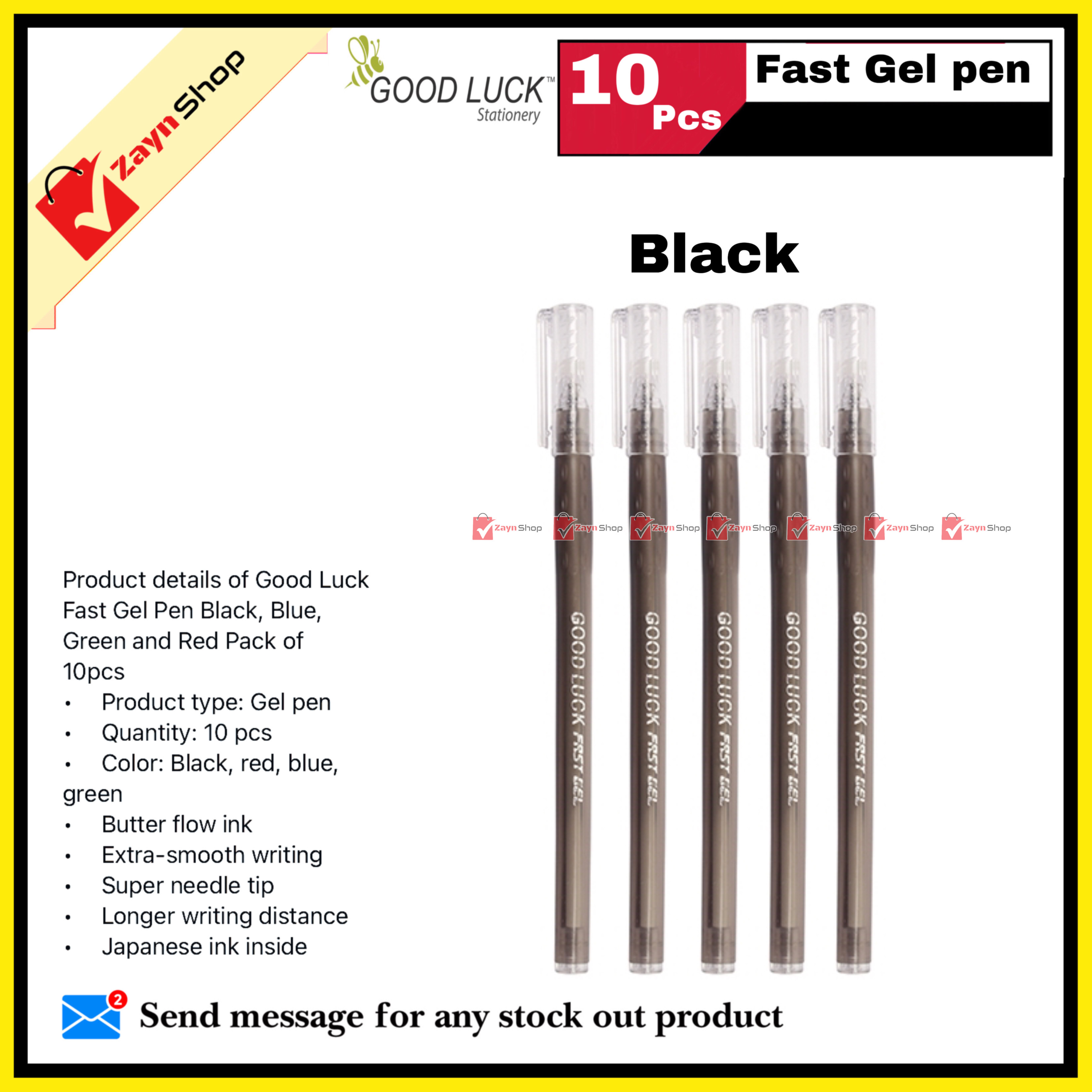 Good Luck Fast Gel Pen Black, Blue, Green and Red Pack of 10pcs_img_4