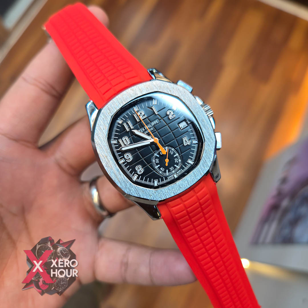 Patek philippe Aquanaut | Silicon Strap | AA Grade | Red Strap Black dial_img_1