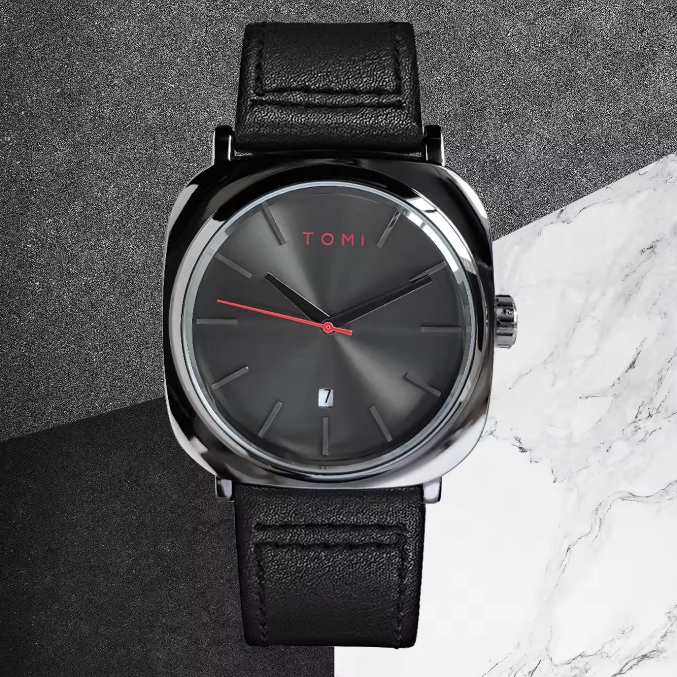 TOMI T-084 Men's Leather Belt Quartz Watch With Date (Full Black)_img_3