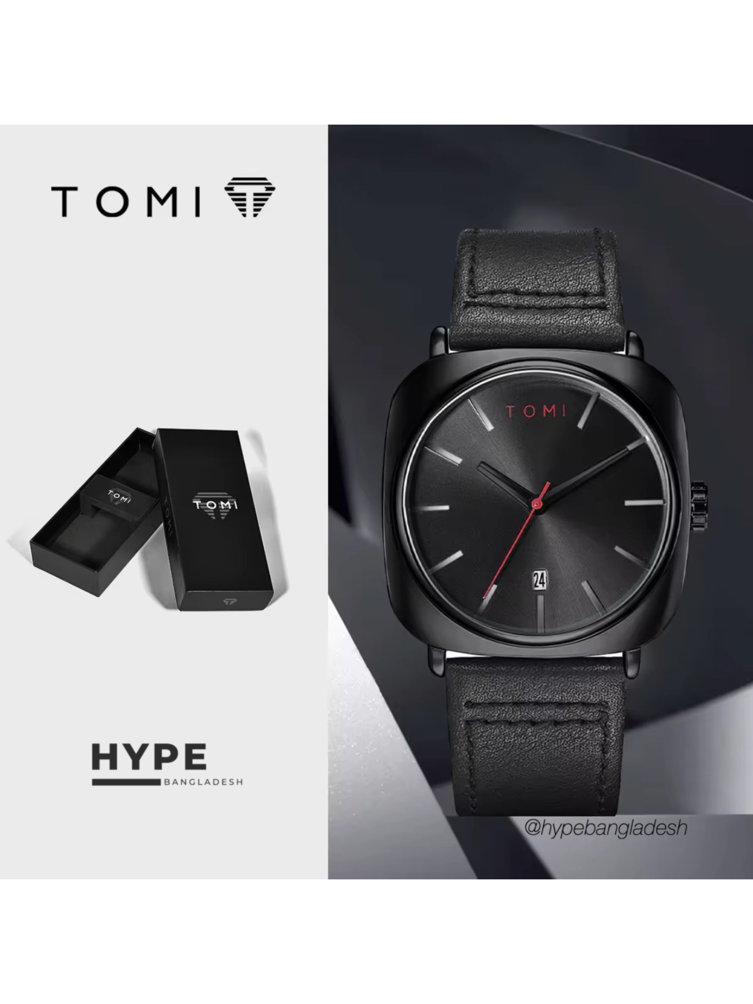 TOMI T-084 Men's Leather Belt Quartz Watch With Date (Full Black)_img_0