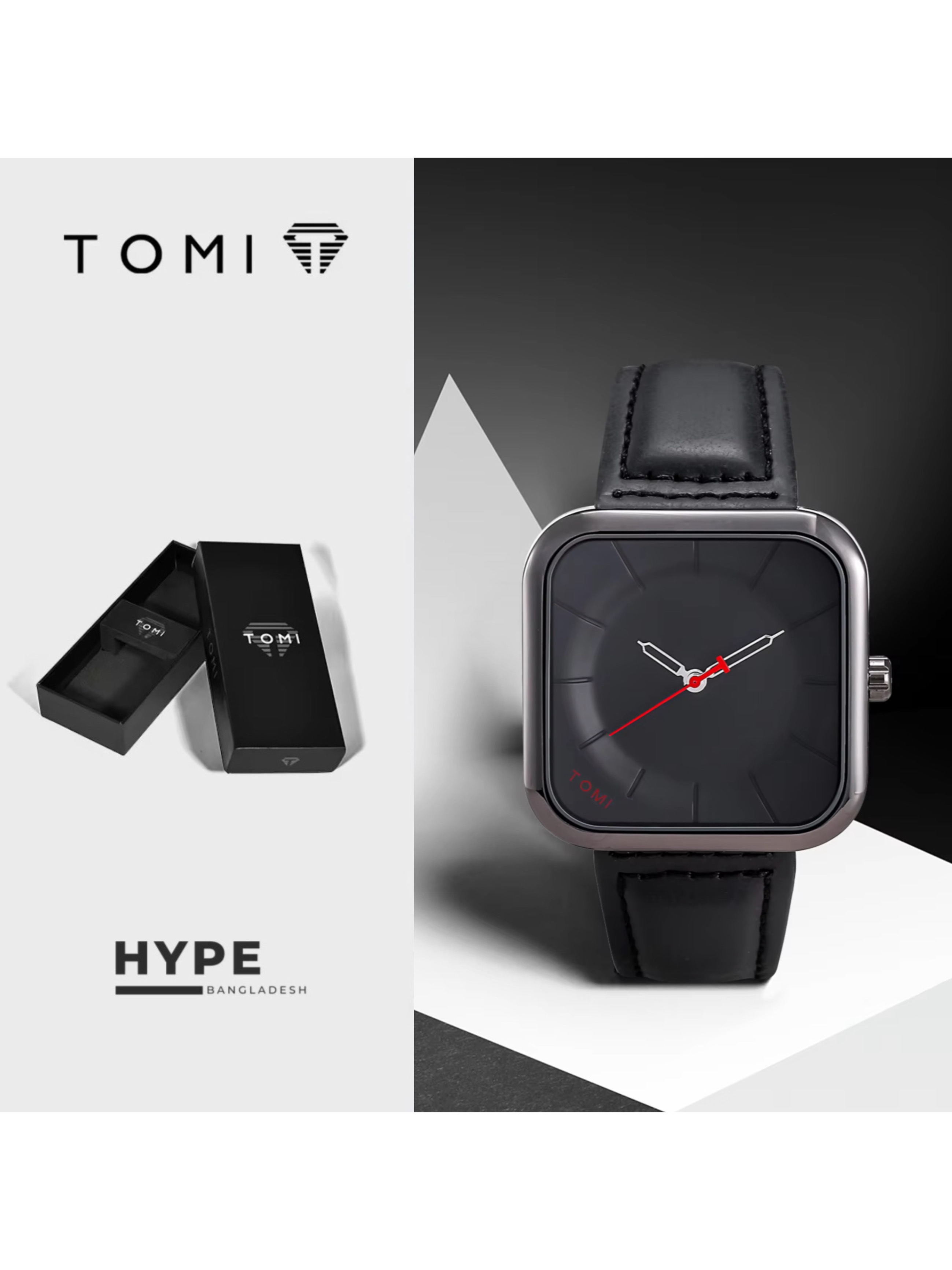 TOMI T-093 Square Men's Leather Belt Quartz Watch (Full Black)_img_0