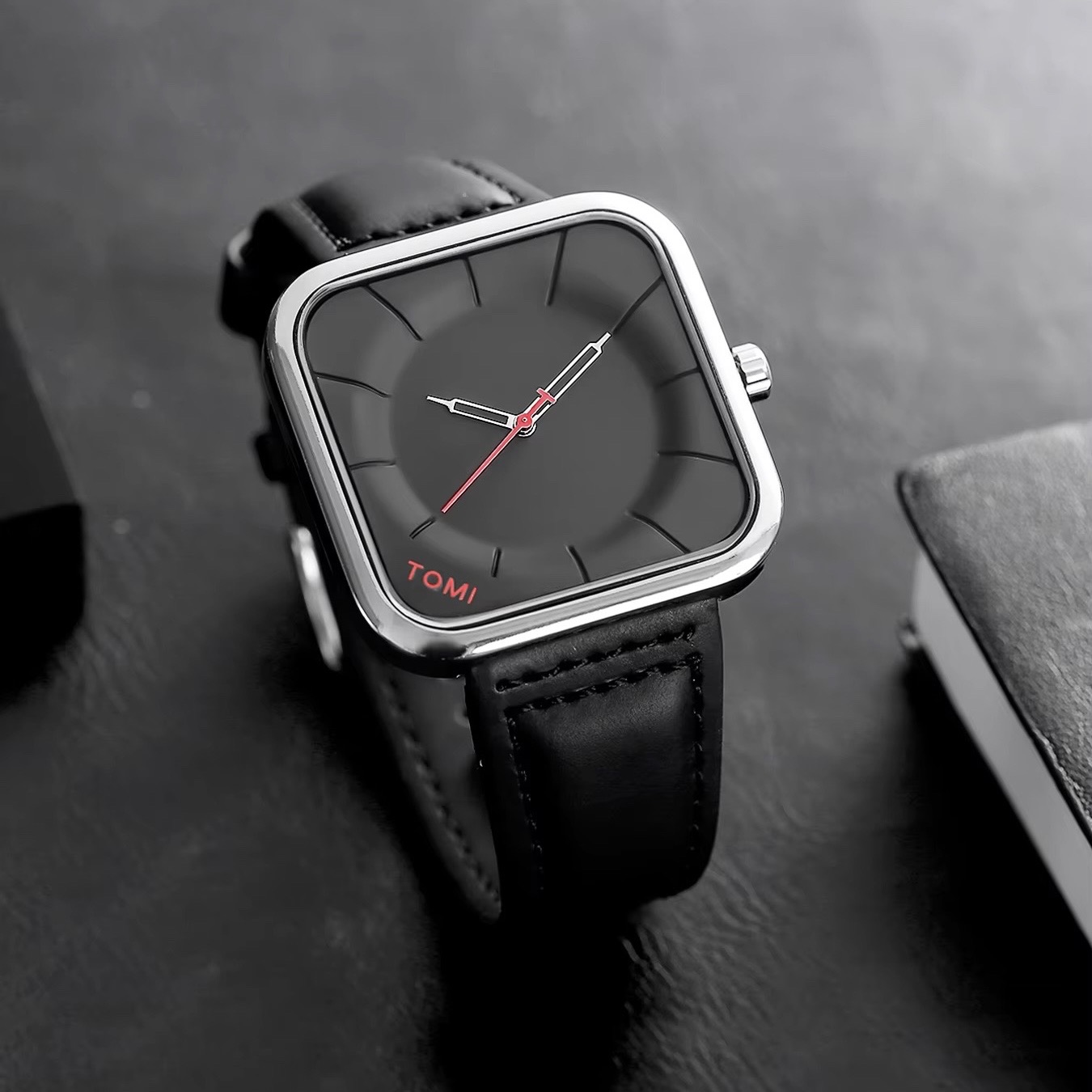 TOMI T-093 Square Men's Leather Belt Quartz Watch (Full Black)_img_1