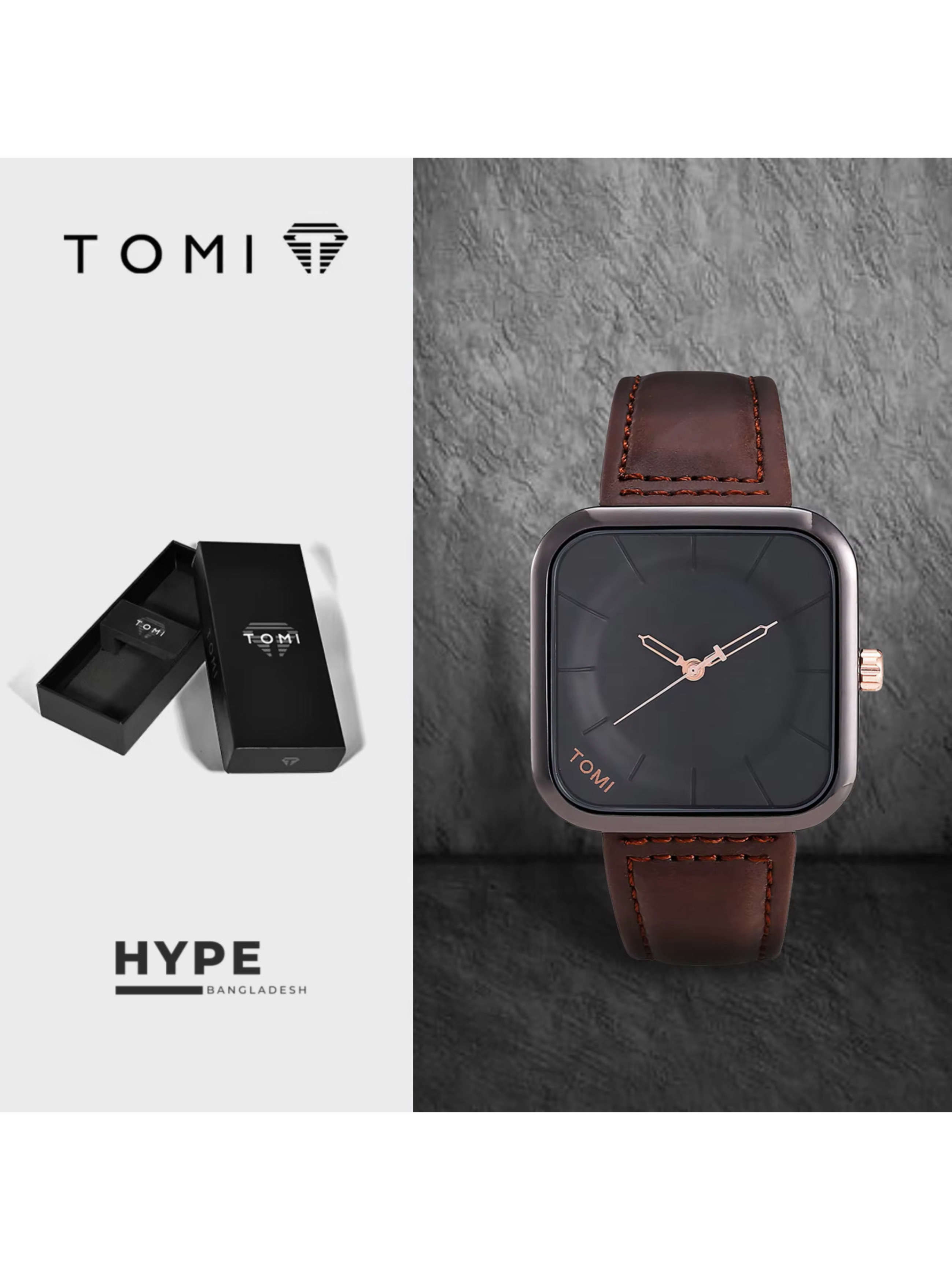 TOMI T-093 Square Men's Leather Belt Quartz Watch (Brown-Black)_img_0