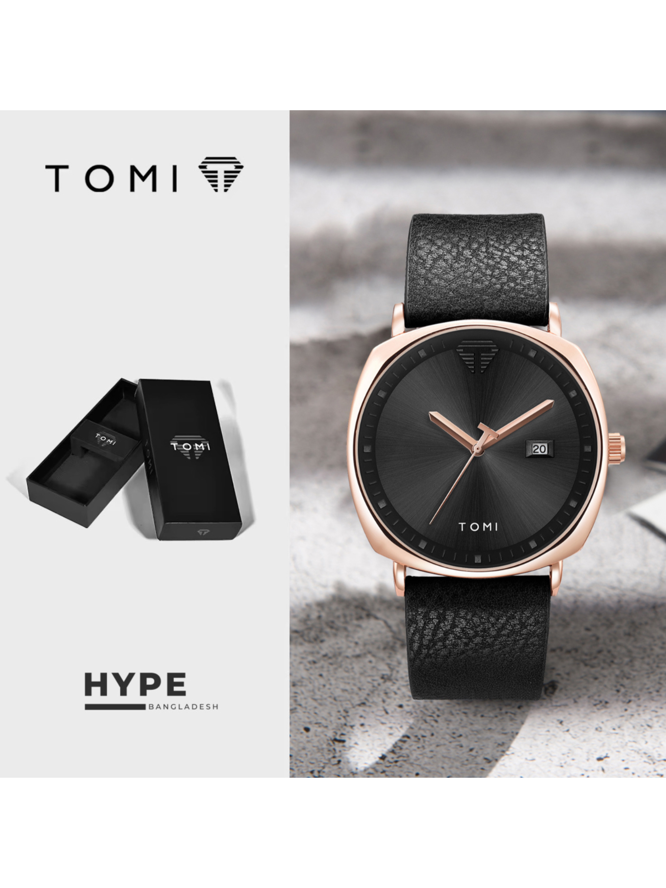 TOMI T-044 Men's Quartz Leather Belt Watch With Date (Black-Rosegold)_img_0