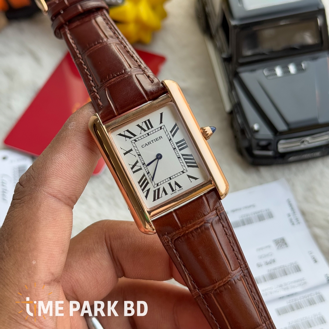 Cartier Tank | Master Grade | Japan Movement | Quartz Movement | Brown Belt Rose Gold Bezel White dial