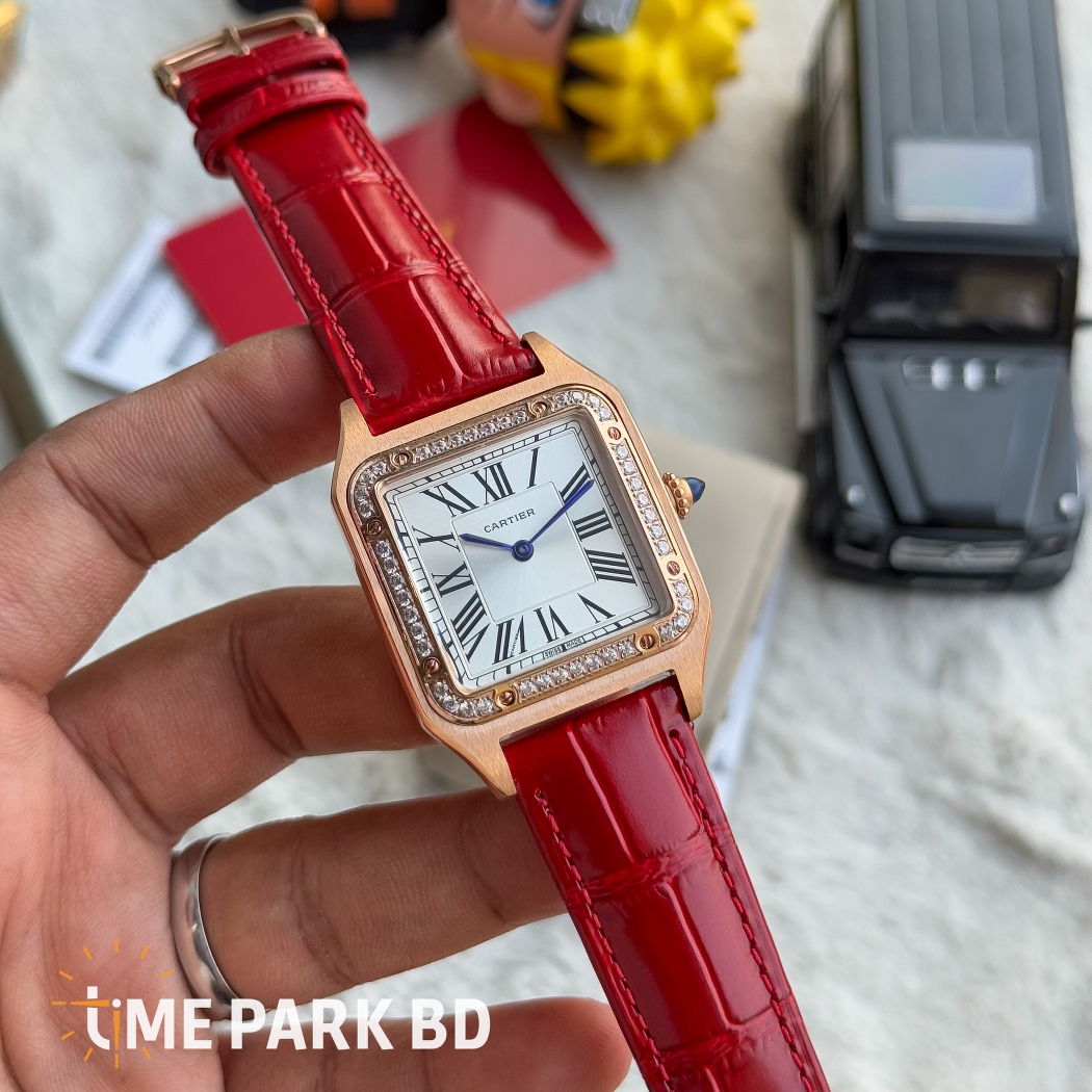Cartier Santos | Master Grade Japan Movement | Quartz Movement | Red Blet Rose gold Beze iced bezel and white dial