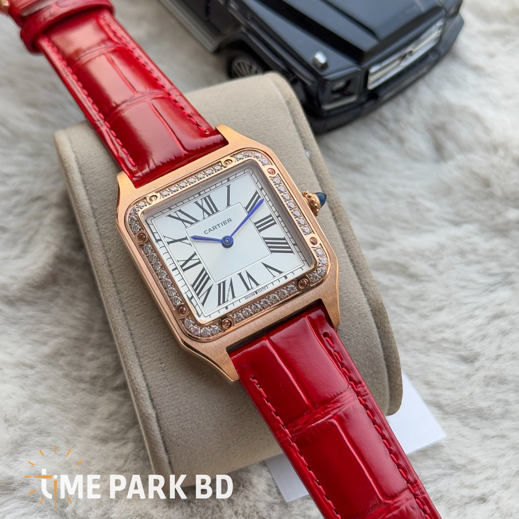 Cartier Santos | Master Grade Japan Movement | Quartz Movement | Red Blet Rose gold Beze iced bezel and white dial_img_1