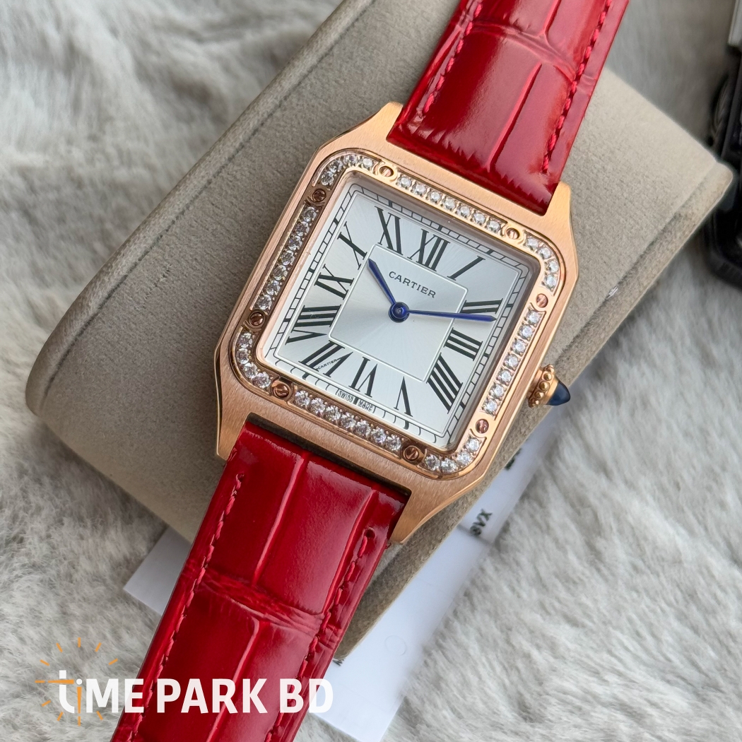 Cartier Santos | Master Grade Japan Movement | Quartz Movement | Red Blet Rose gold Beze iced bezel and white dial_img_2