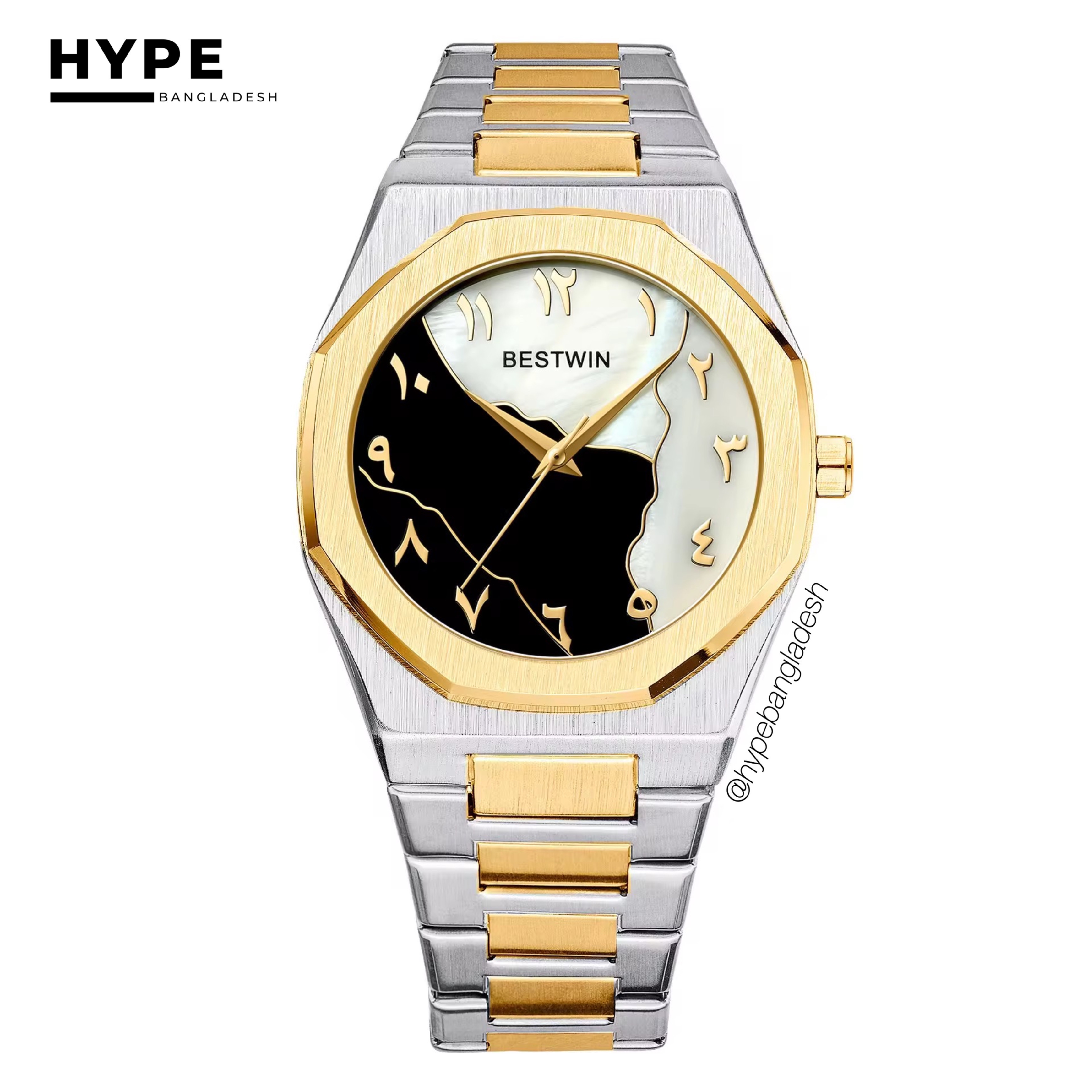 Arabic Dial Bestwin Stainless Steel Heavyweight Watch (Silver-Gold Chain)_img_2
