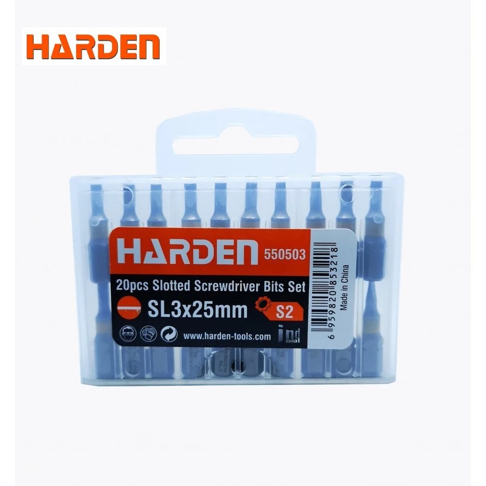 HARDEN Flat Screwdriver Bits Set 20 Pcs – Magnetic SL3 & SL6 (25mm) with Plastic Box; Model 550503 / 550506