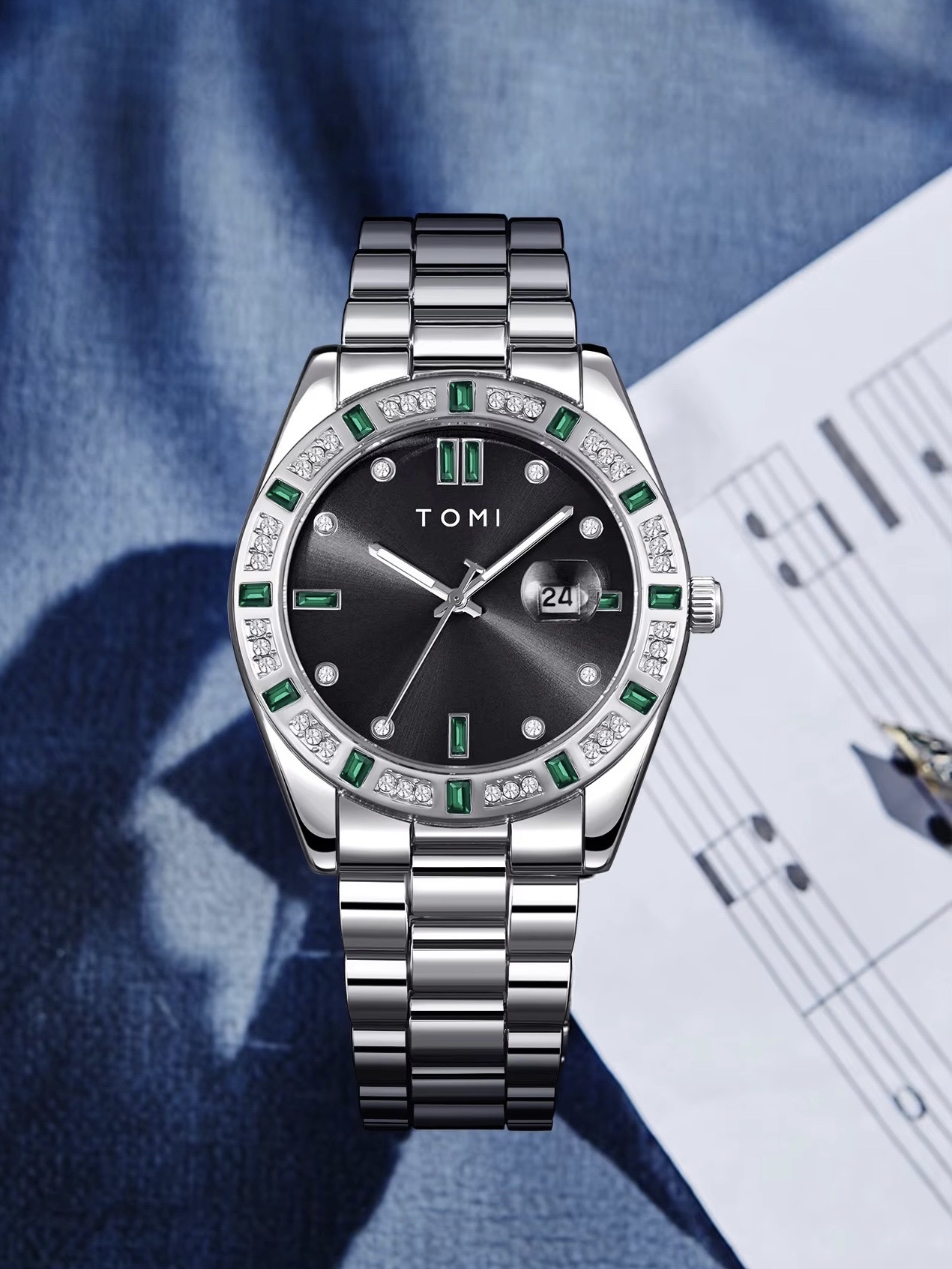 TOMI T-305 Men's Luxury Stone Stainless Steel Watch Gift Box Set (Black)_img_3