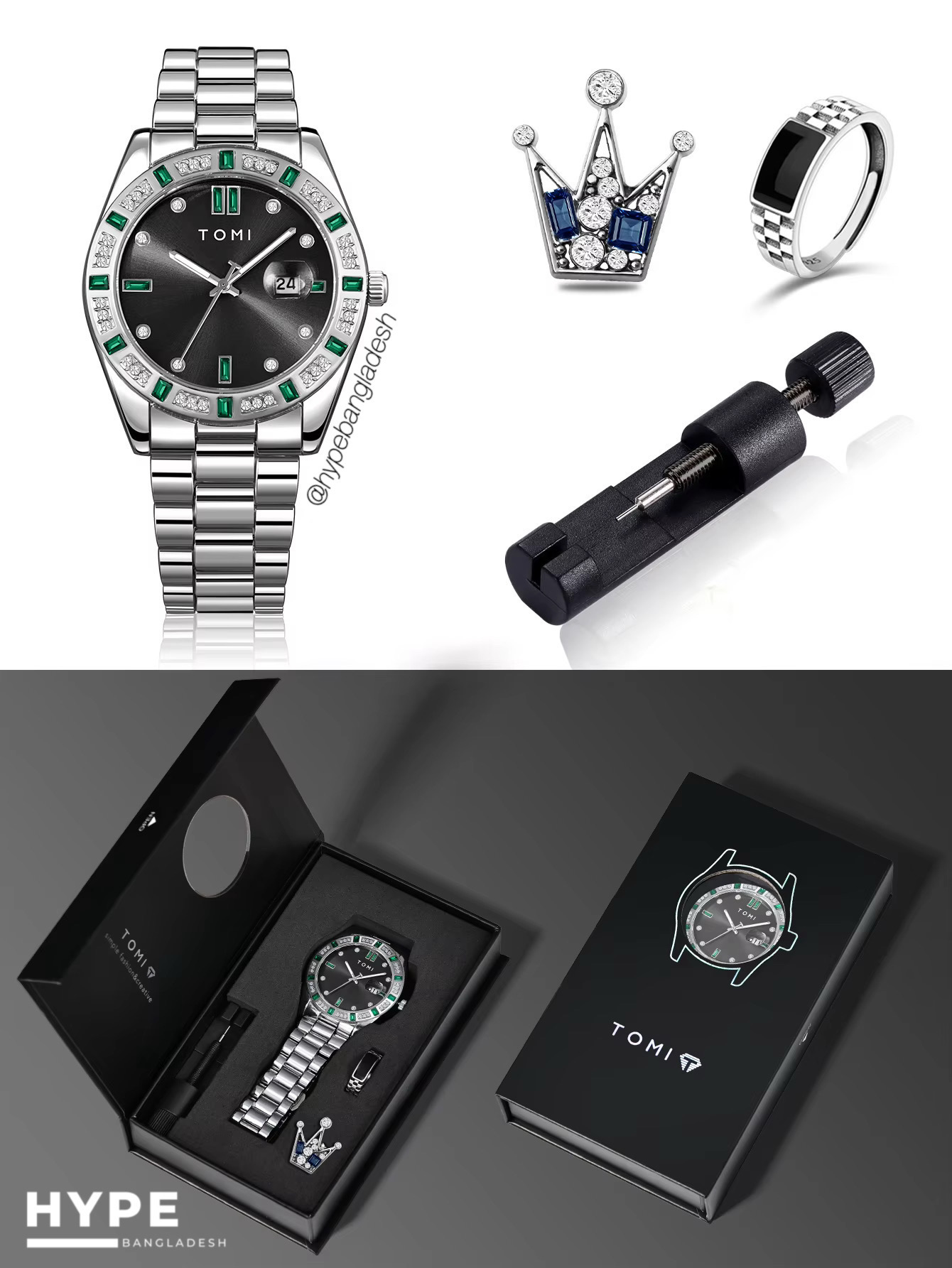 TOMI T-305 Men's Luxury Stone Stainless Steel Watch Gift Box Set (Black)_img_1