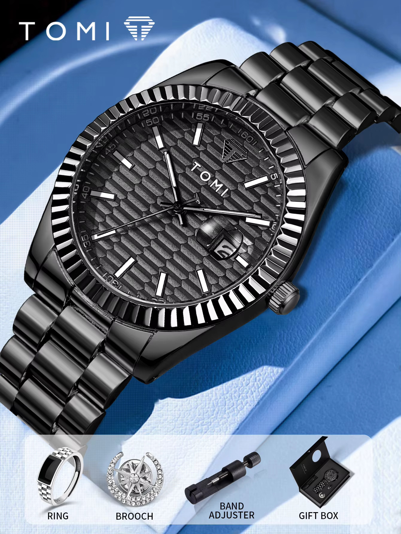 TOMI T-304 Men's Luxury Stainless Steel Watch Gift Box Set (Black)_img_2