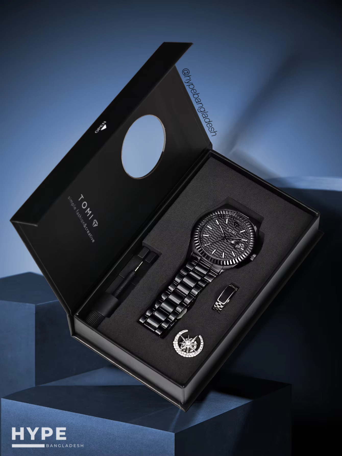 TOMI T-304 Men's Luxury Stainless Steel Watch Gift Box Set (Black)_img_4