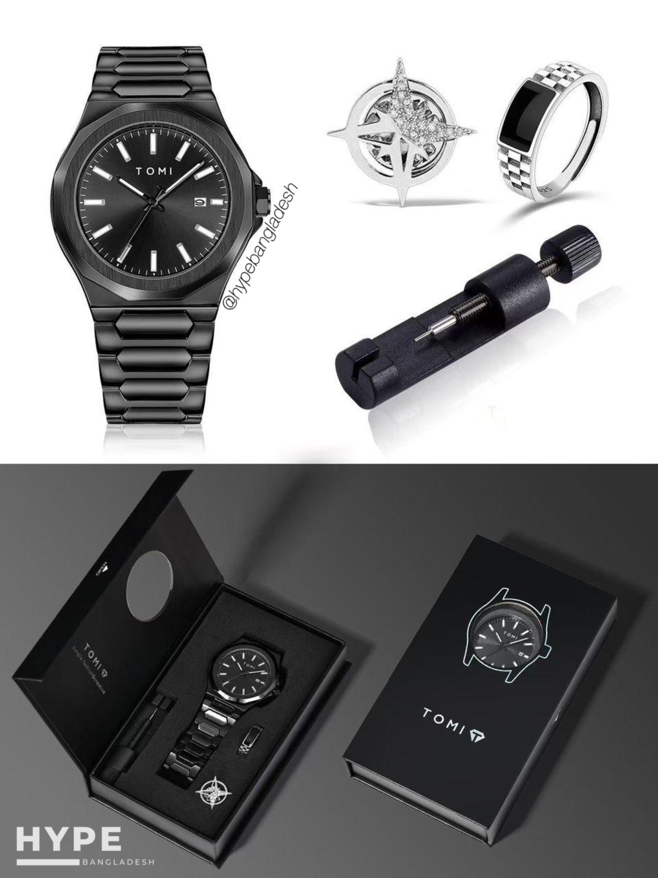 TOMI T-301 Men's Luxury Stainless Steel Watch Gift Box Set (Black)_img_1