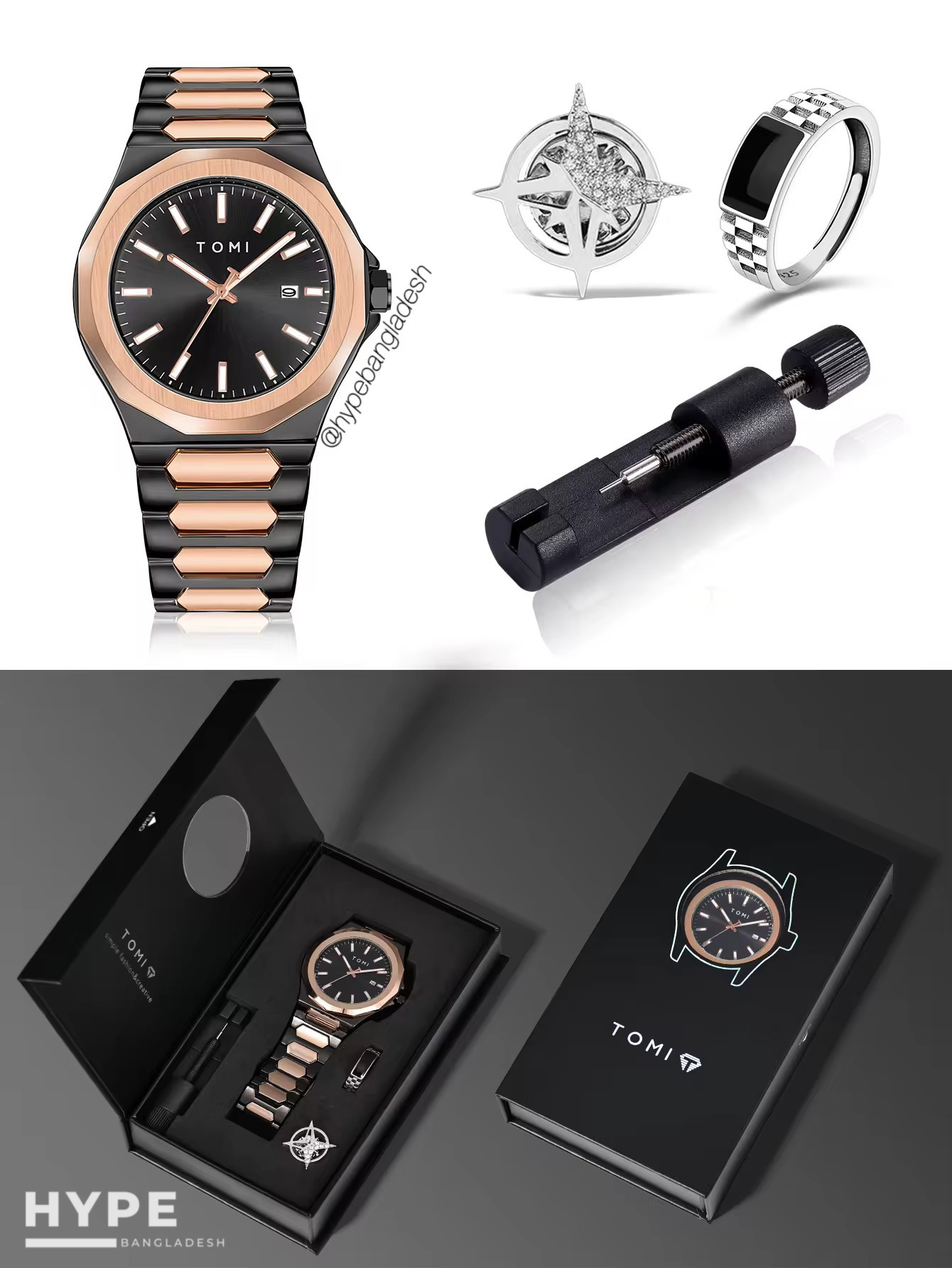 TOMI T-301 Men's Luxury Stainless Steel Watch Gift Box Set (Black-Rosegold)_img_1