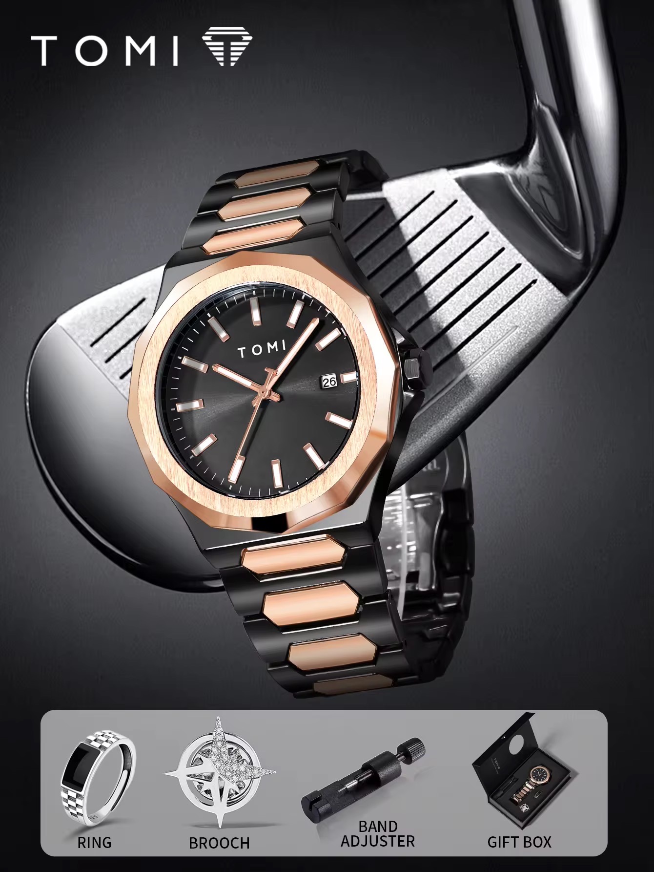 TOMI T-301 Men's Luxury Stainless Steel Watch Gift Box Set (Black-Rosegold)_img_2