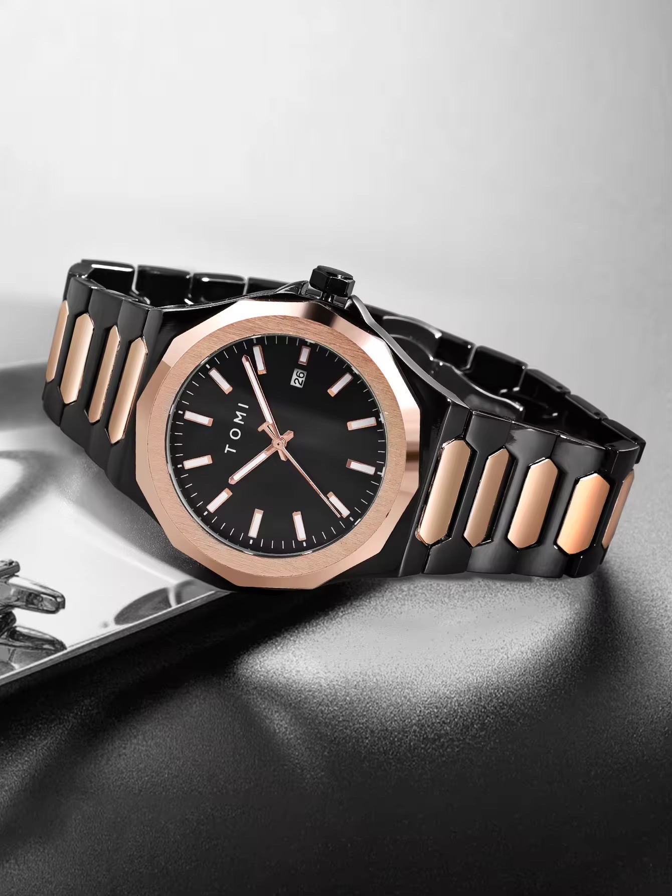 TOMI T-301 Men's Luxury Stainless Steel Watch Gift Box Set (Black-Rosegold)_img_3