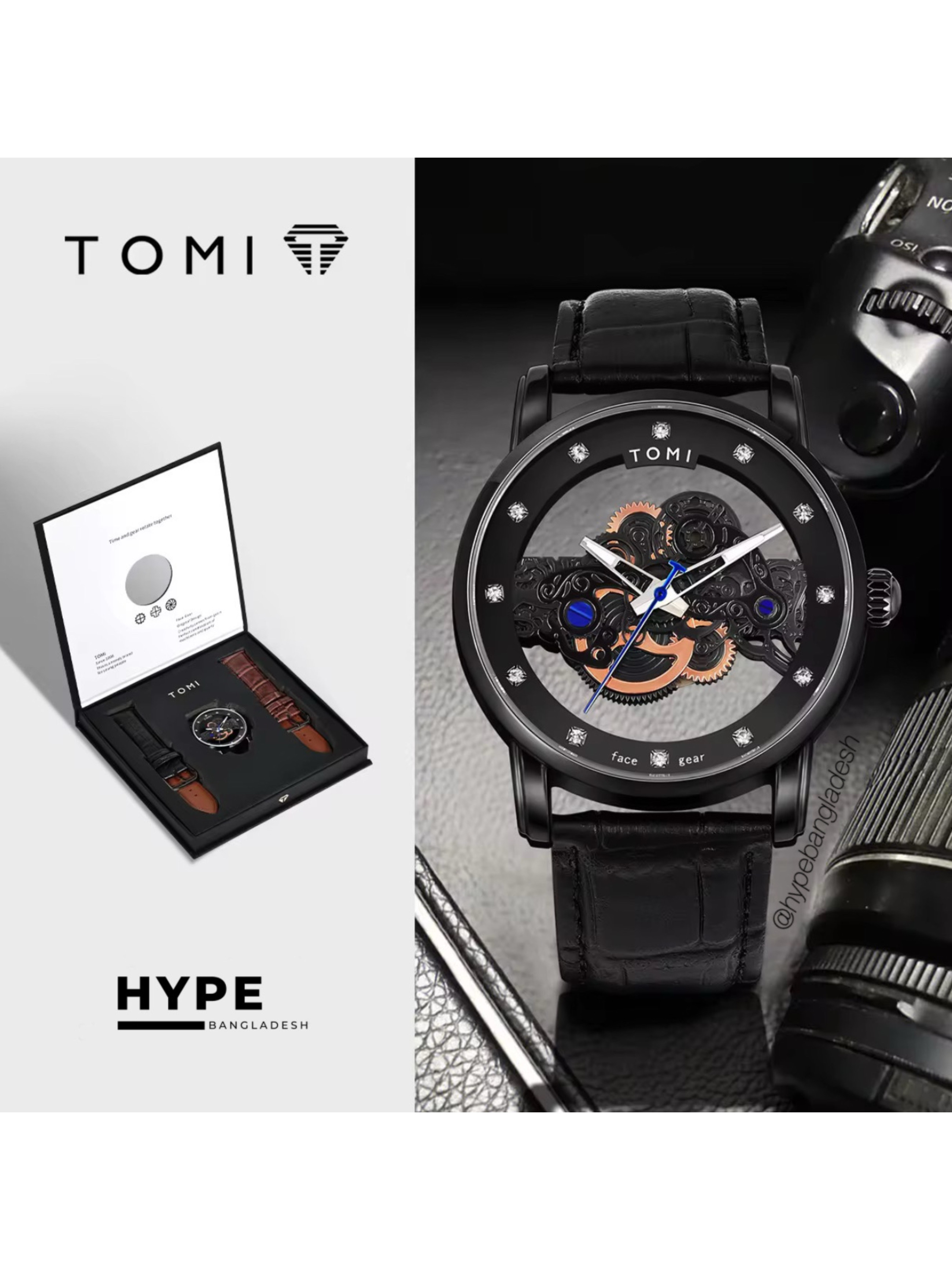 TOMI T-102 Face Gear Transperent Dual Strap Leather Belt Watch (Black)_img_0