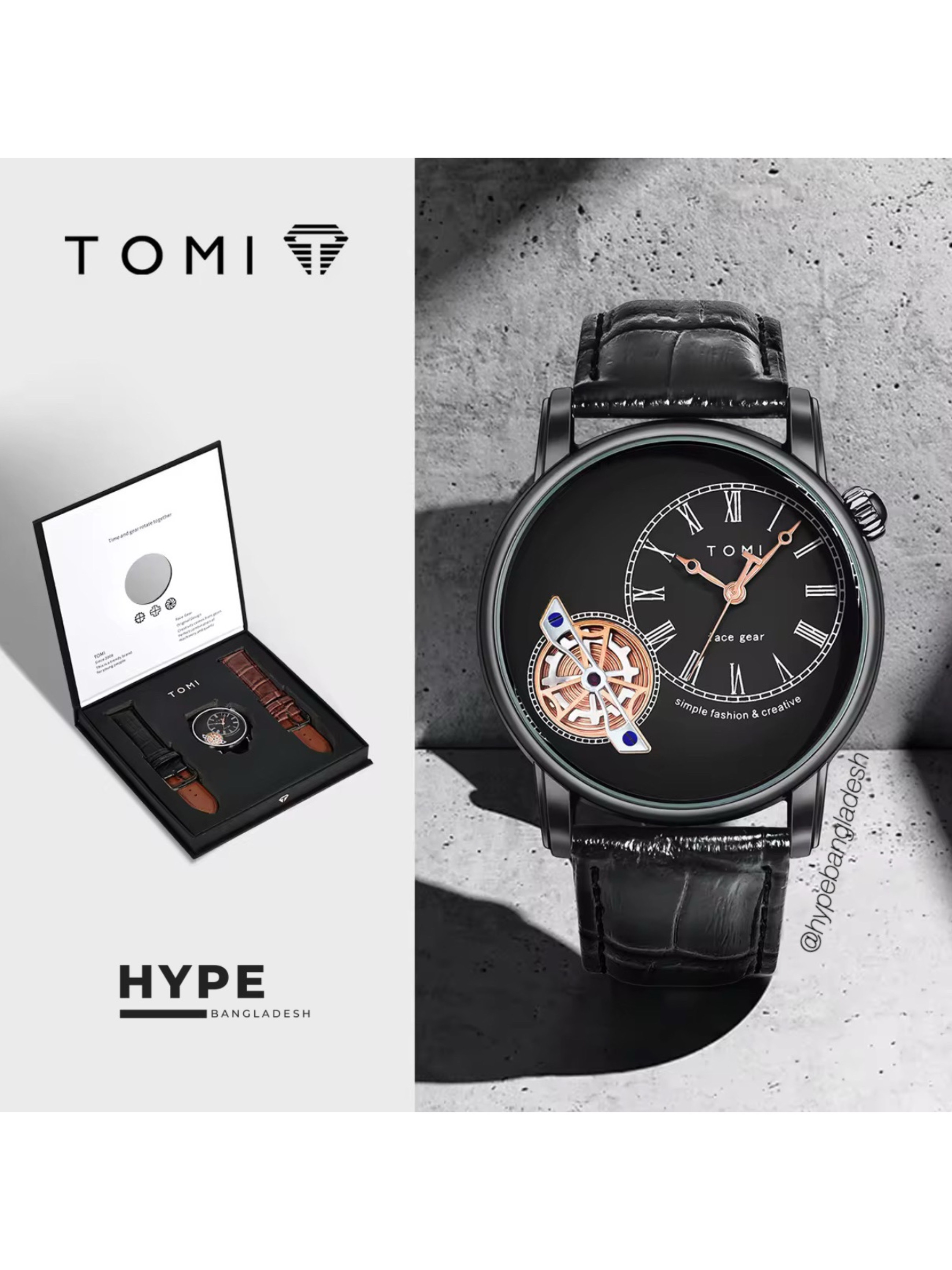 TOMI T-103 Face Gear Dual Strap Leather Belt Watch (Black)_img_0