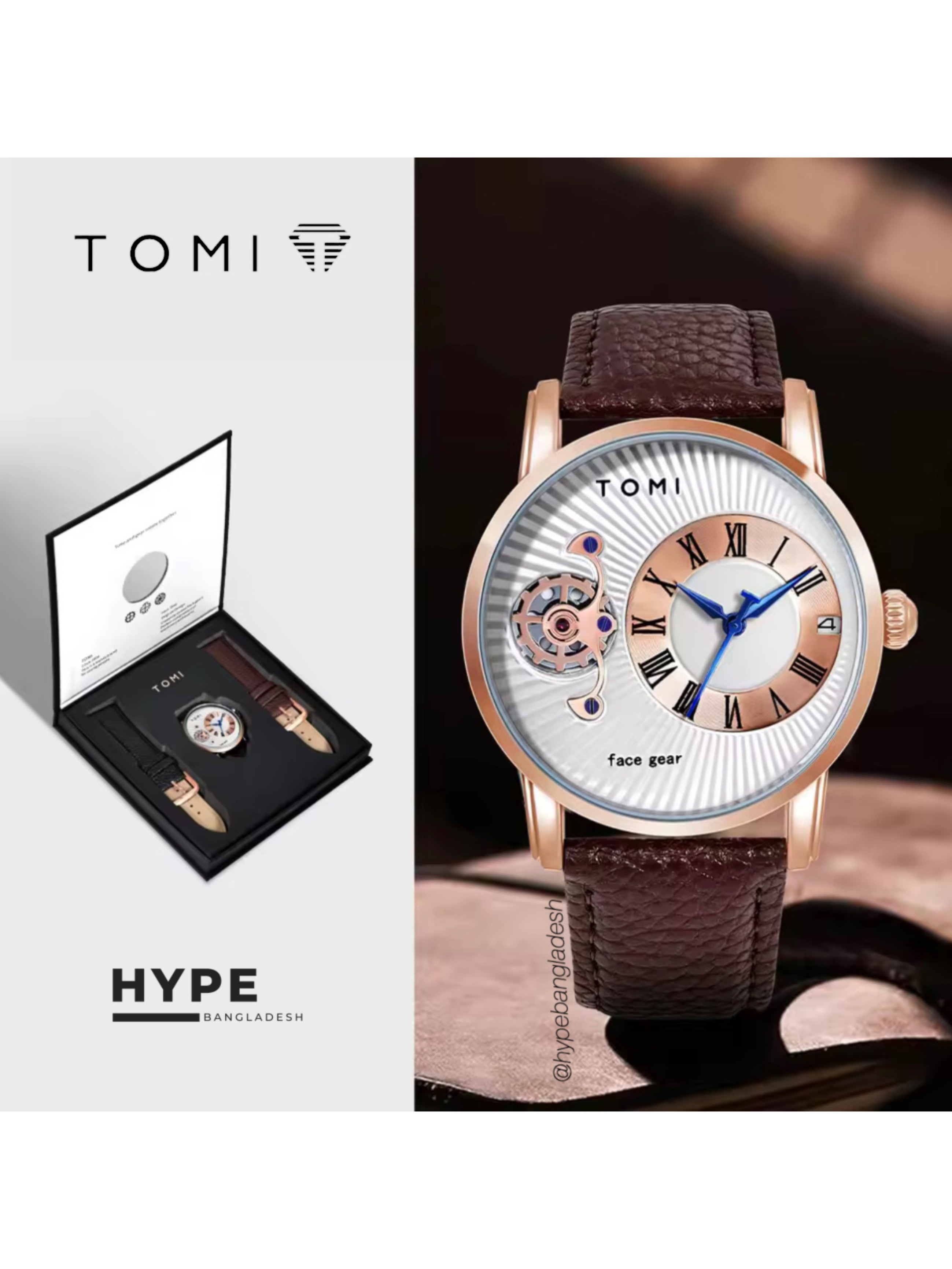 TOMI T-104 Face Gear Dual Strap Leather Belt Watch (White-Rosegold)_img_0