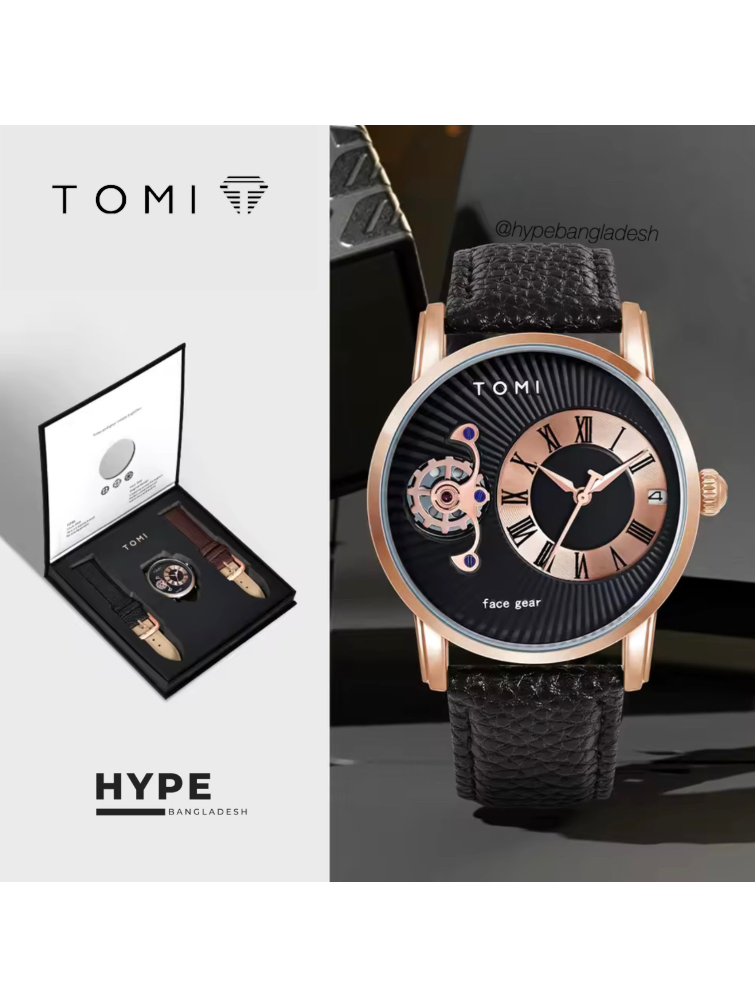 TOMI T-104 Face Gear Dual Strap Leather Belt Watch (Black-Rosegold)_img_0