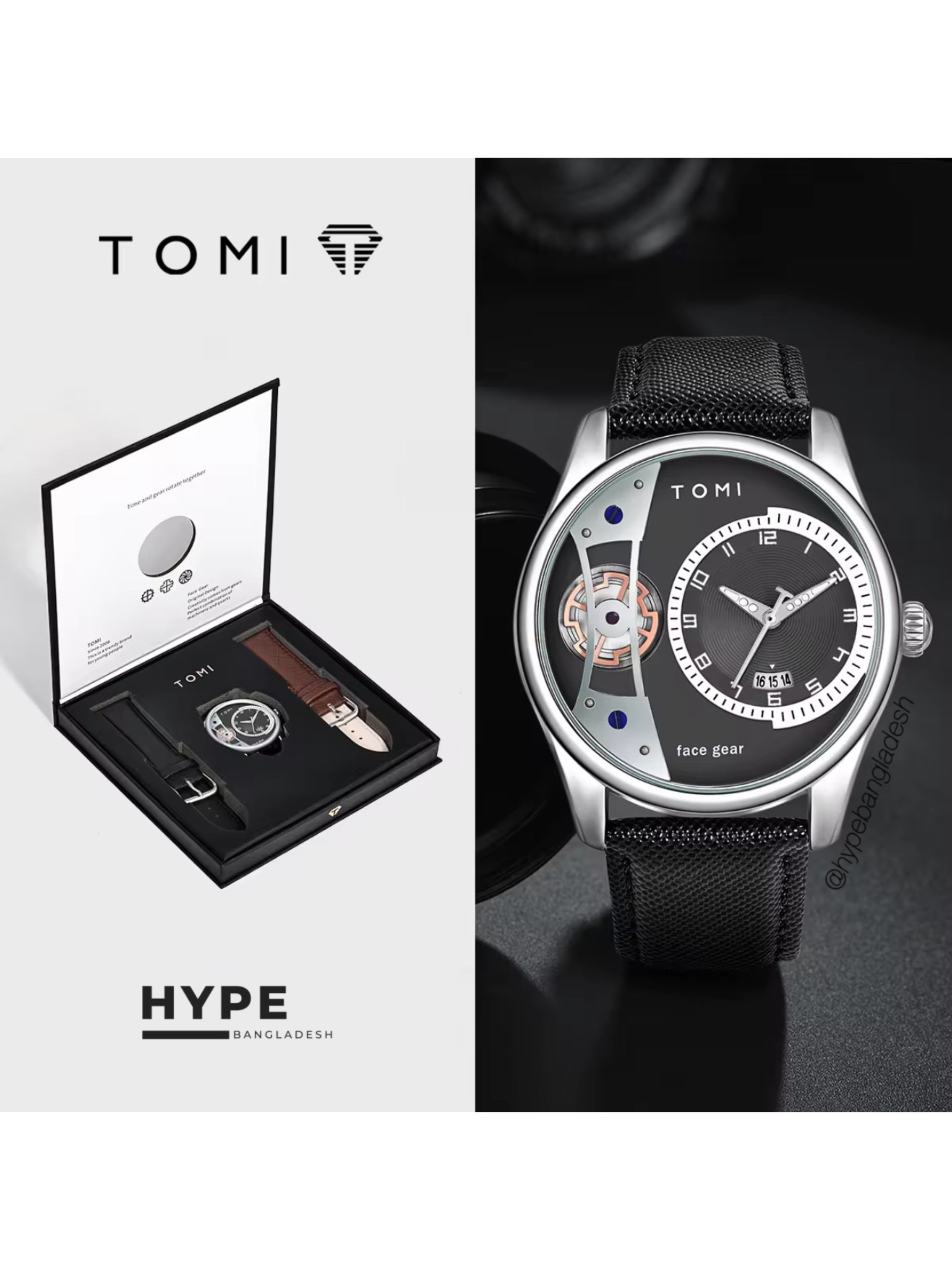 TOMI T-105 Face Gear Dual Strap Leather Belt Watch (Black)_img_0